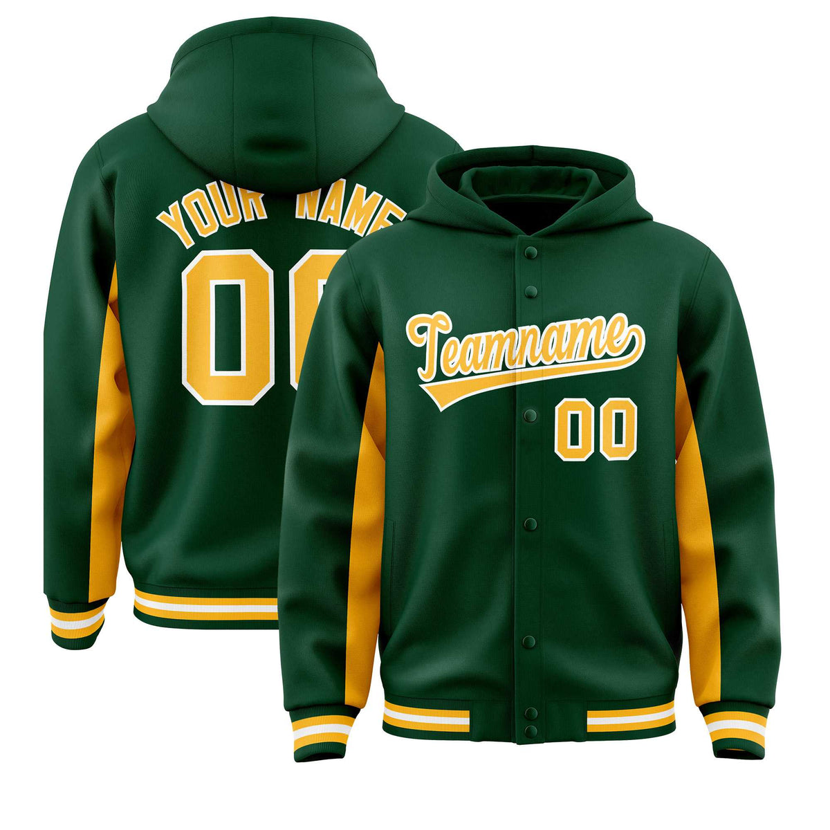 Custom Green Gold Color Block Varsity Full-Snap Letterman Jacket Hoodie| KXKSHOP