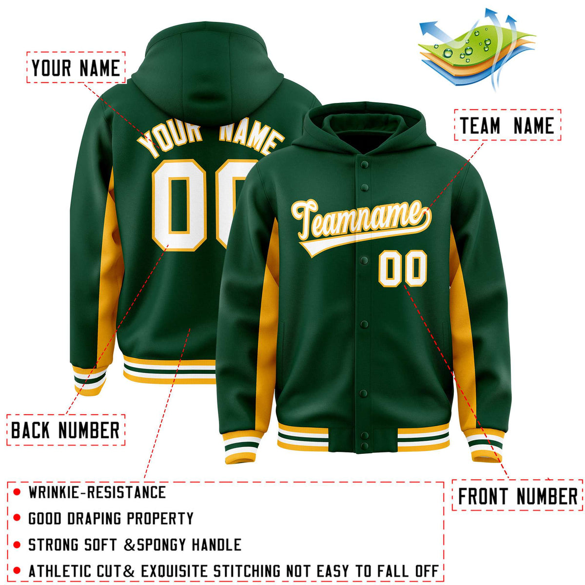 Custom Green Gold Color Block Varsity Full-Snap Letterman Jacket Hoodie| KXKSHOP