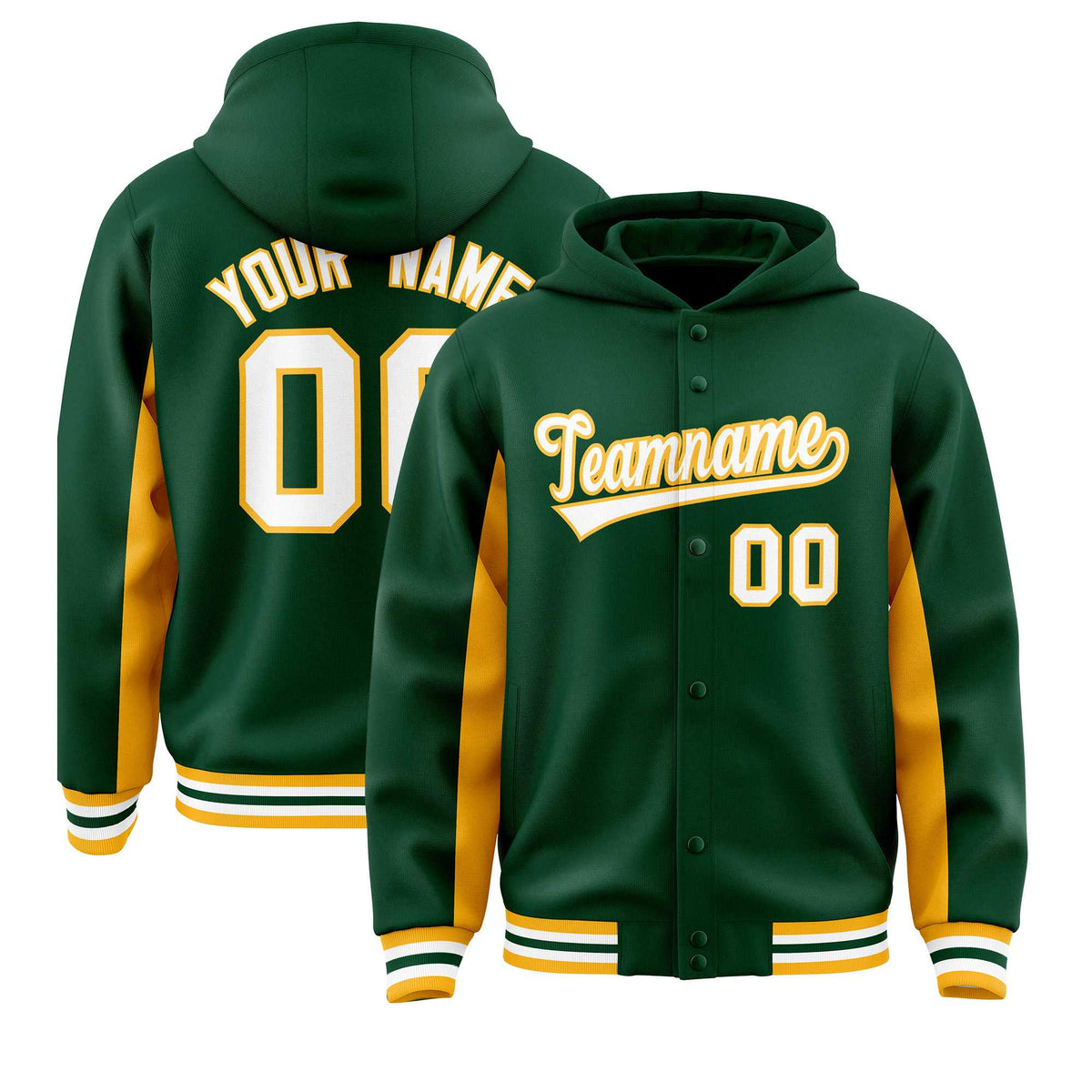 Custom Green Gold Color Block Varsity Full-Snap Letterman Jacket Hoodie| KXKSHOP