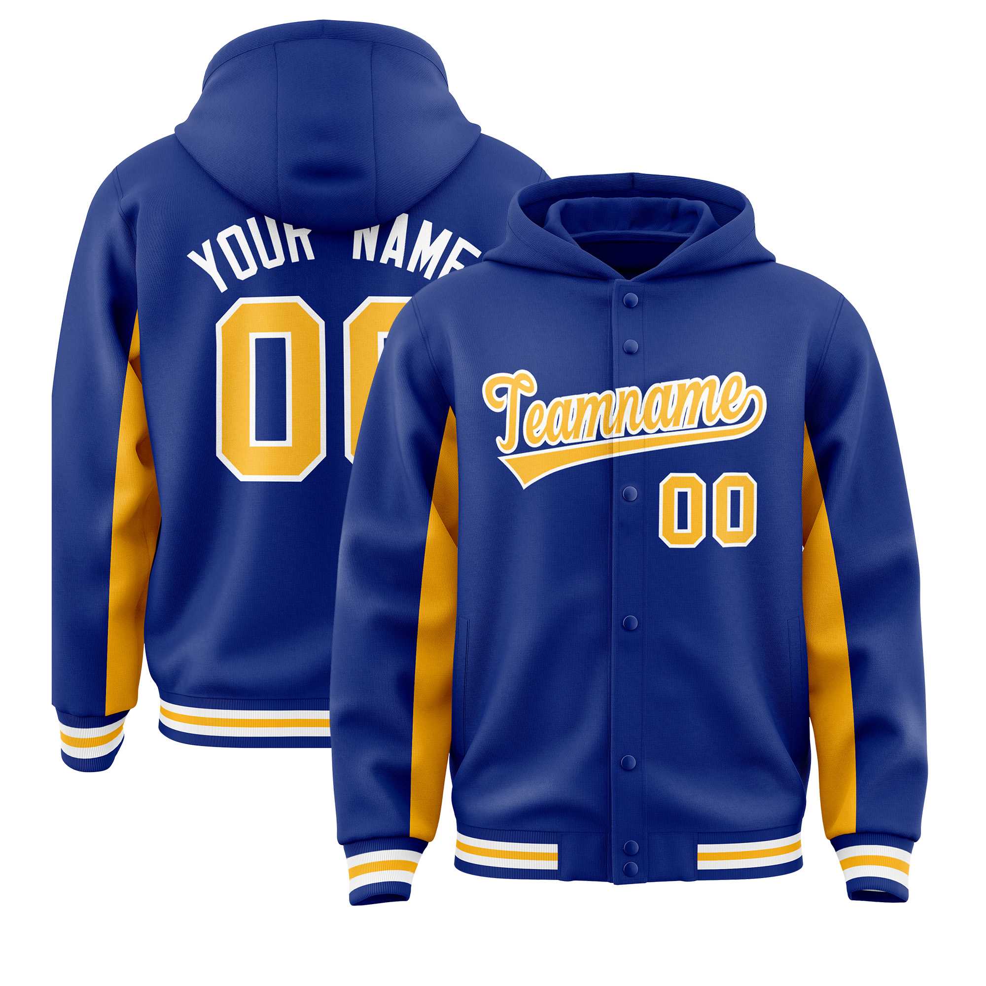 Custom Royal Gold Color Block Varsity Full-Snap Letterman Jacket Hoodie| KXKSHOP