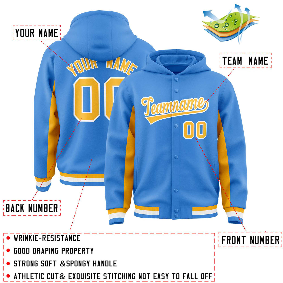 Custom Powder Blue Gold Color Block Varsity Full-Snap Letterman Jacket Hoodie| KXKSHOP