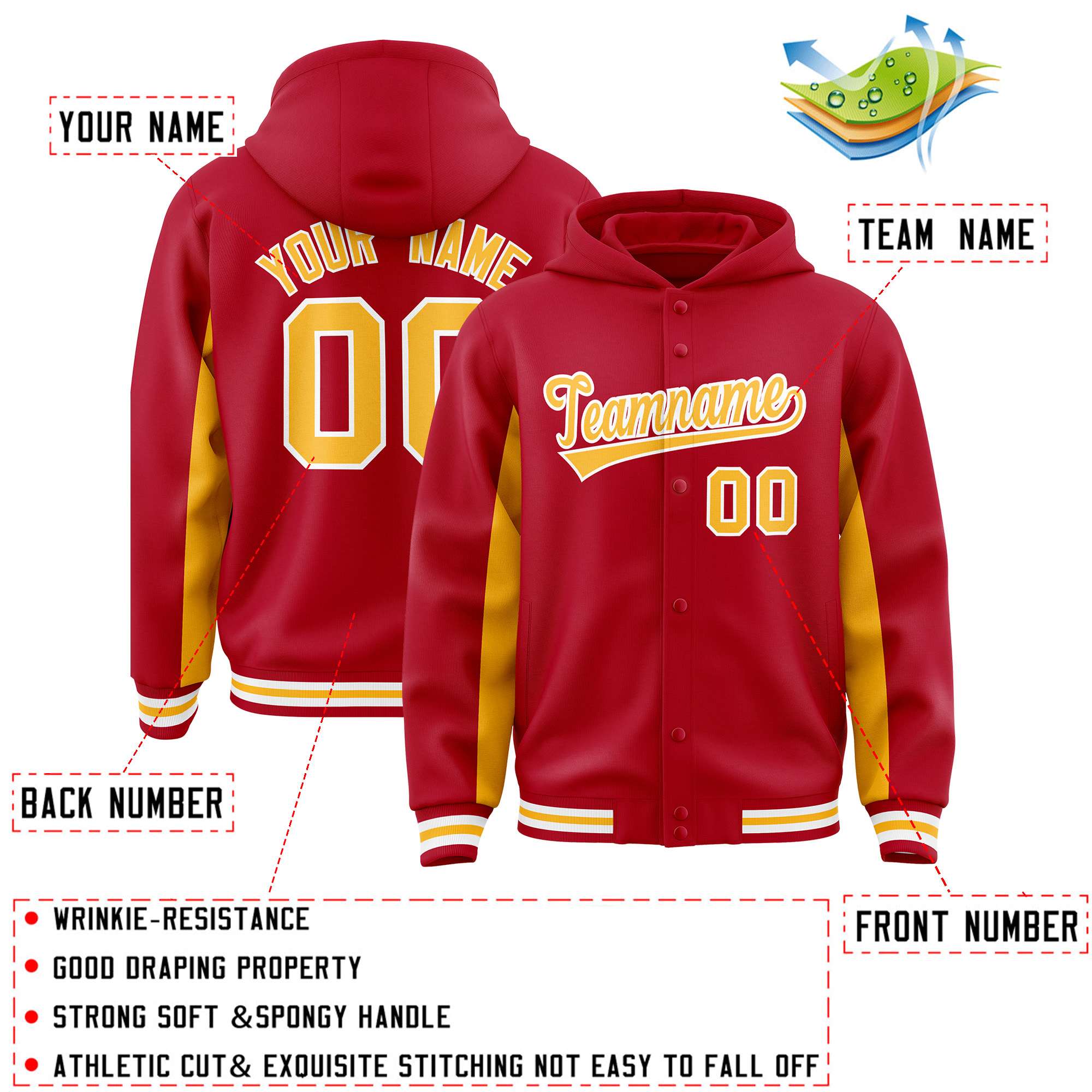Custom Red Gold Color Block Varsity Full-Snap Letterman Jacket Hoodie| KXKSHOP
