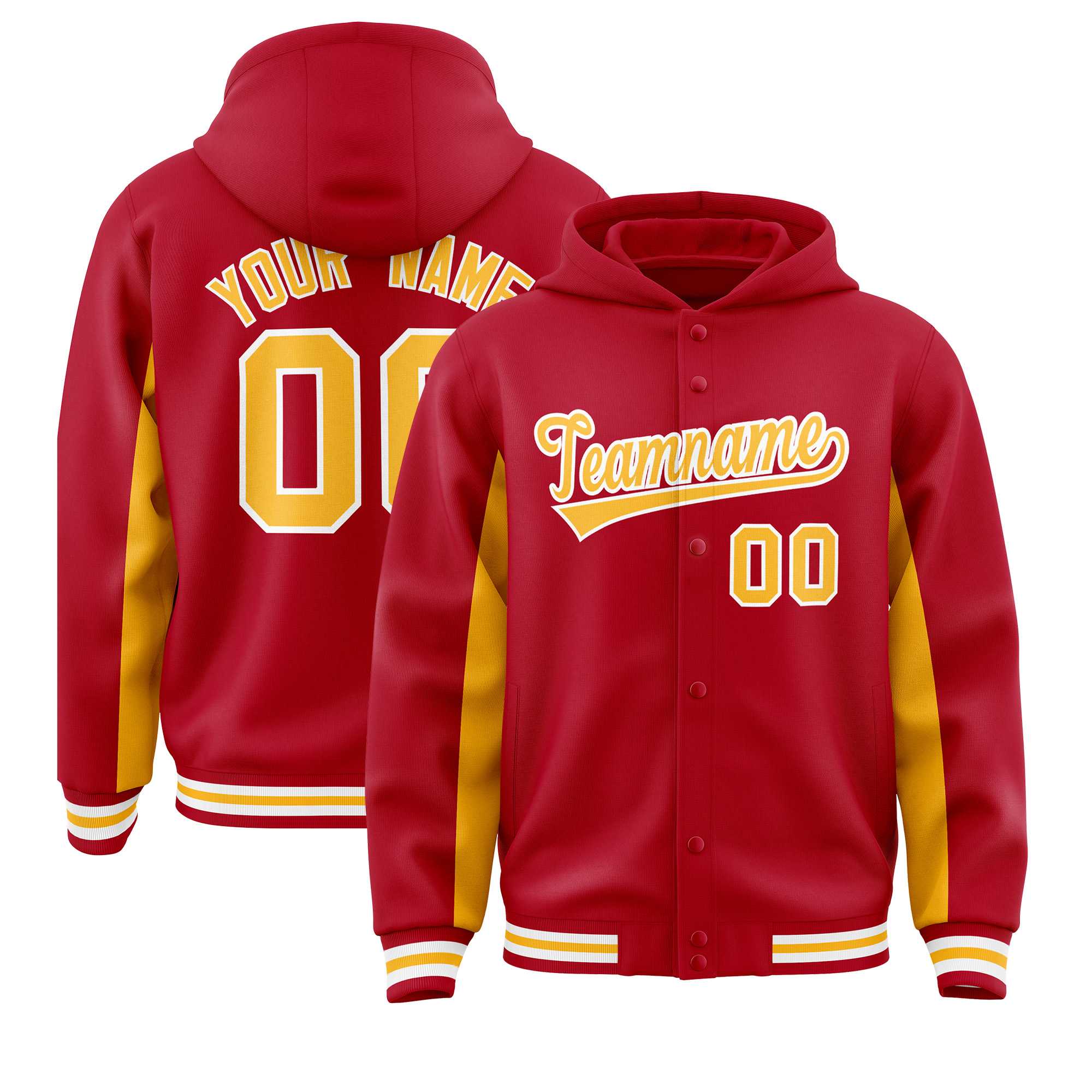 Custom Red Gold Color Block Varsity Full-Snap Letterman Jacket Hoodie| KXKSHOP