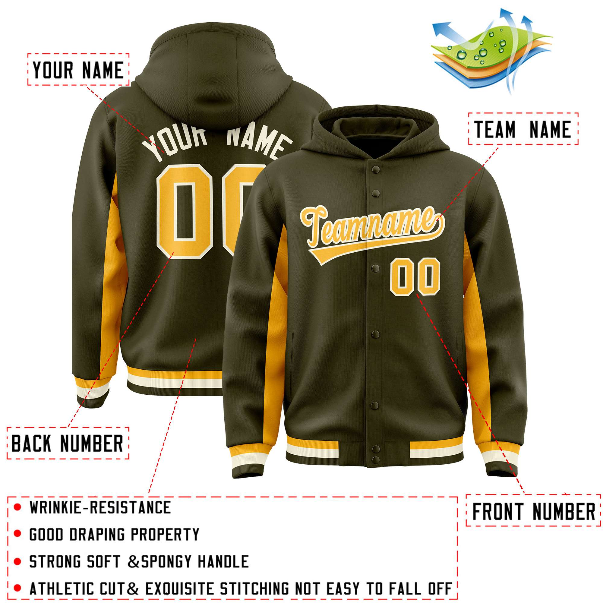 Custom Olive Gold Color Block Varsity Full-Snap Letterman Jacket Hoodie| KXKSHOP