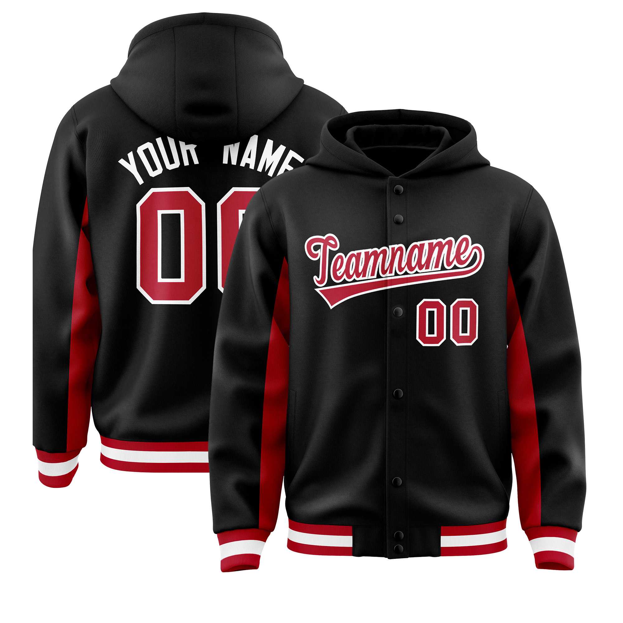 Custom Black Red Color Block Varsity Full-Snap Letterman Jacket Hoodie| KXKSHOP