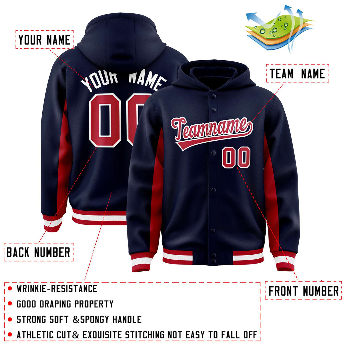 Custom Navy Red Color Block Varsity Full-Snap Letterman Jacket Hoodie| KXKSHOP