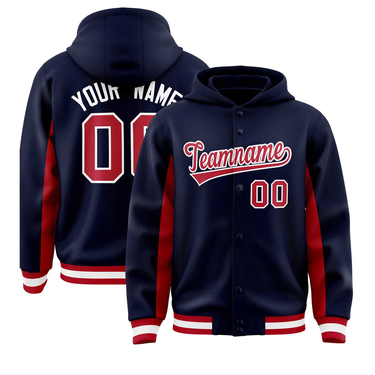 Custom Navy Red Color Block Varsity Full-Snap Letterman Jacket Hoodie| KXKSHOP
