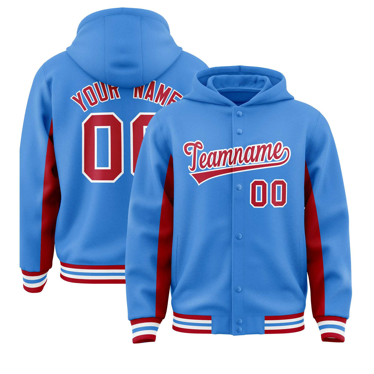 Custom Powder Blue Red Color Block Varsity Full-Snap Letterman Jacket Hoodie| KXKSHOP