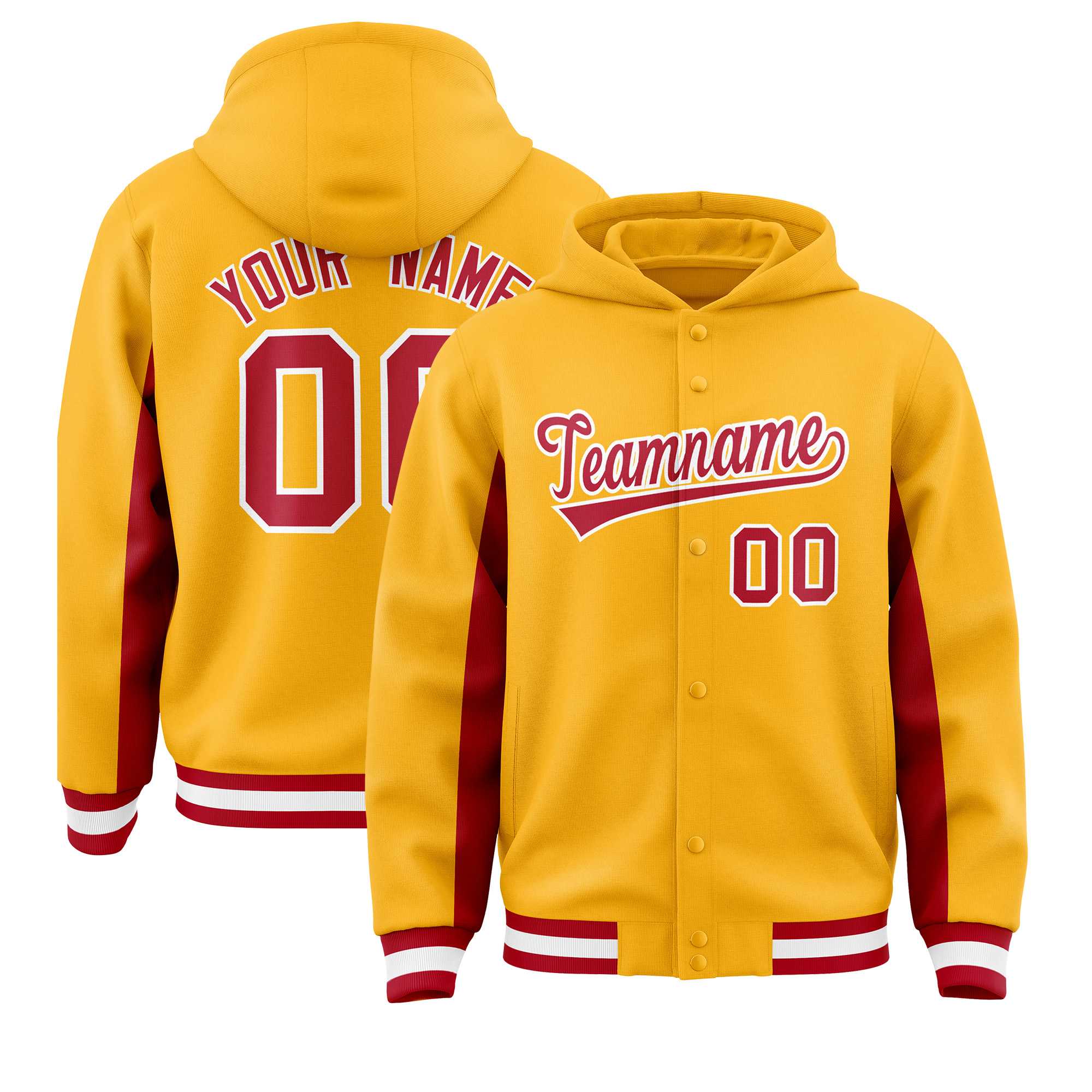 Custom Gold Red Color Block Varsity Full-Snap Letterman Jacket Hoodie| KXKSHOP