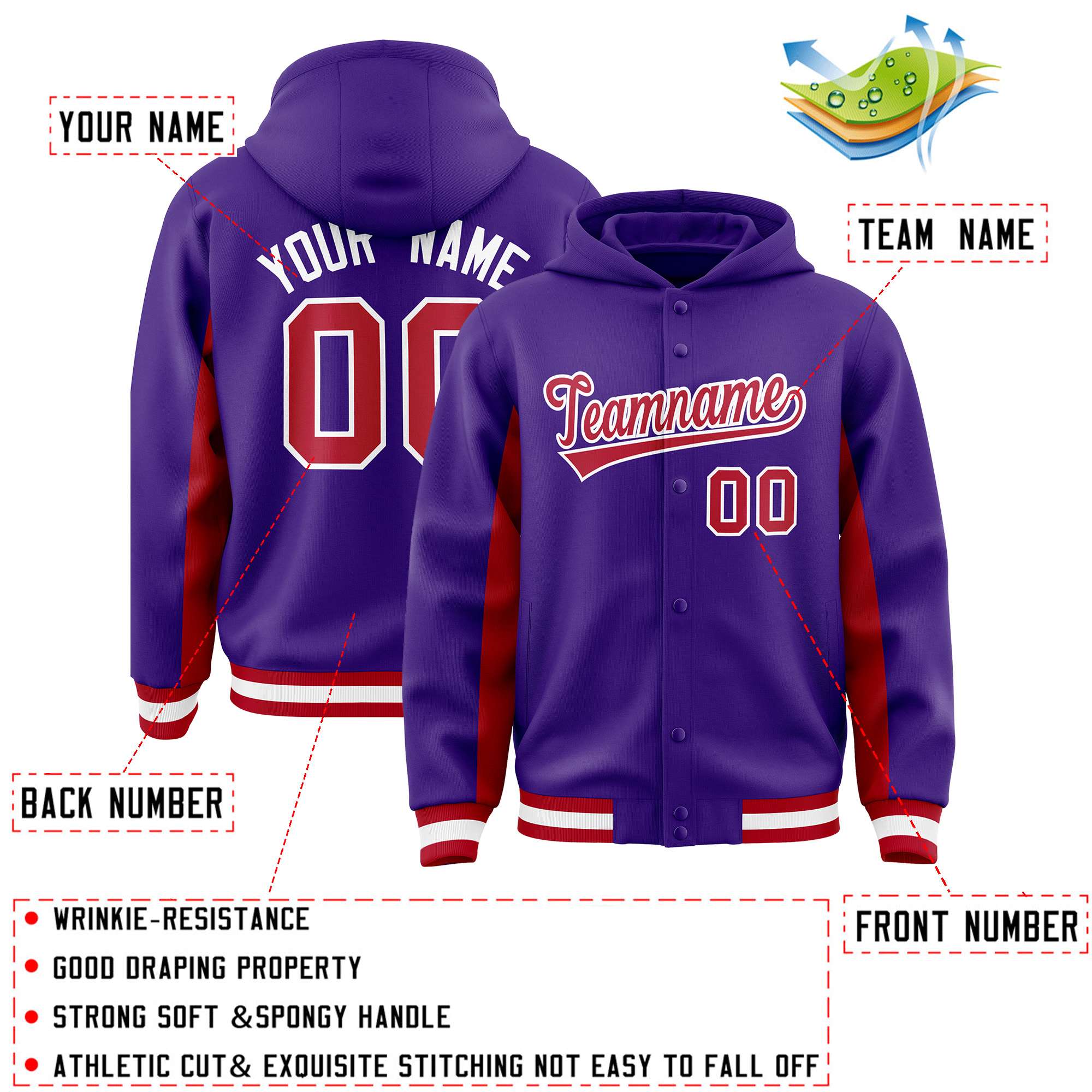 Custom Purple Red Color Block Varsity Full-Snap Letterman Jacket Hoodie| KXKSHOP