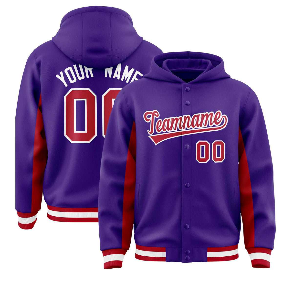 Custom Purple Red Color Block Varsity Full-Snap Letterman Jacket Hoodie| KXKSHOP