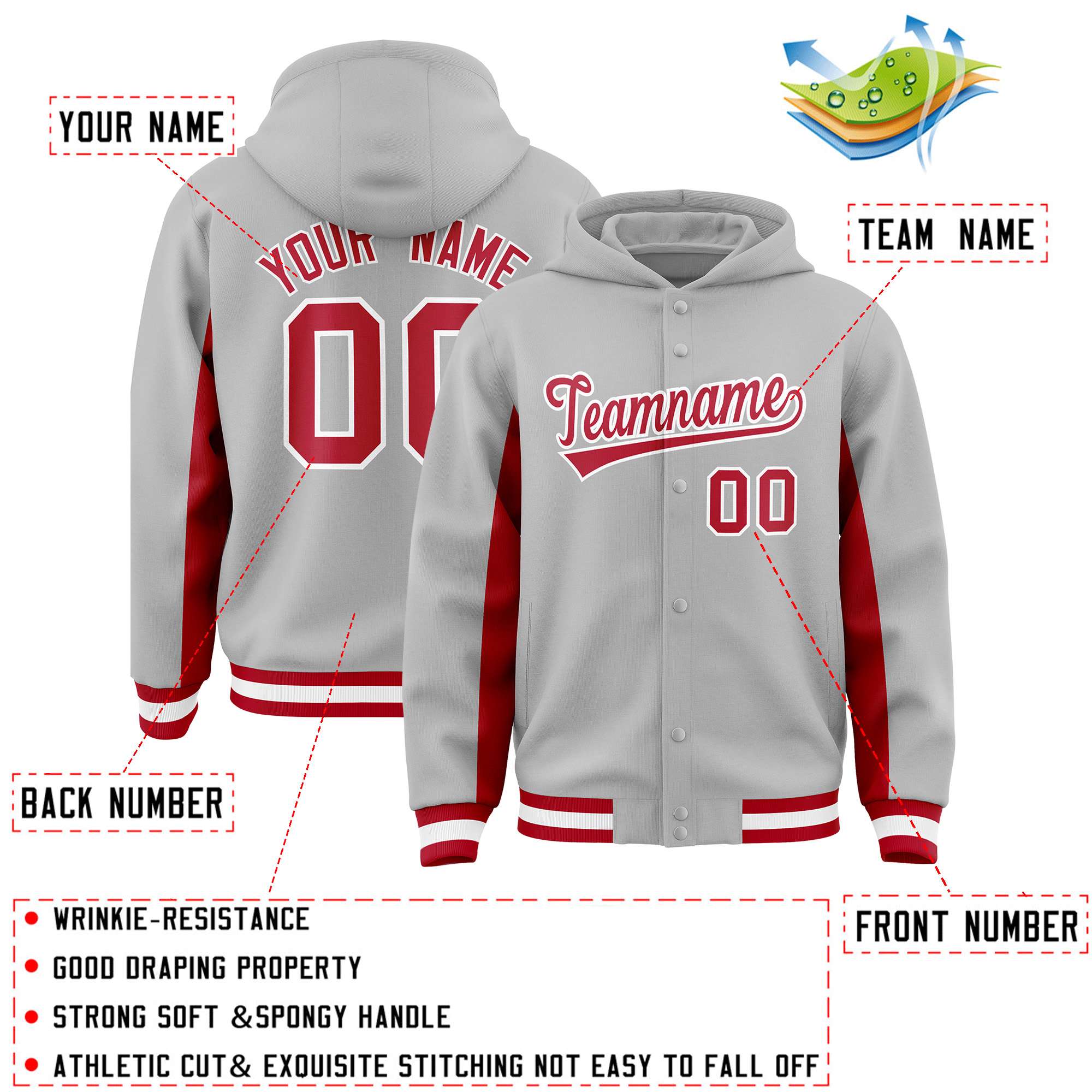 Custom Gray Red Color Block Varsity Full-Snap Letterman Jacket Hoodie| KXKSHOP