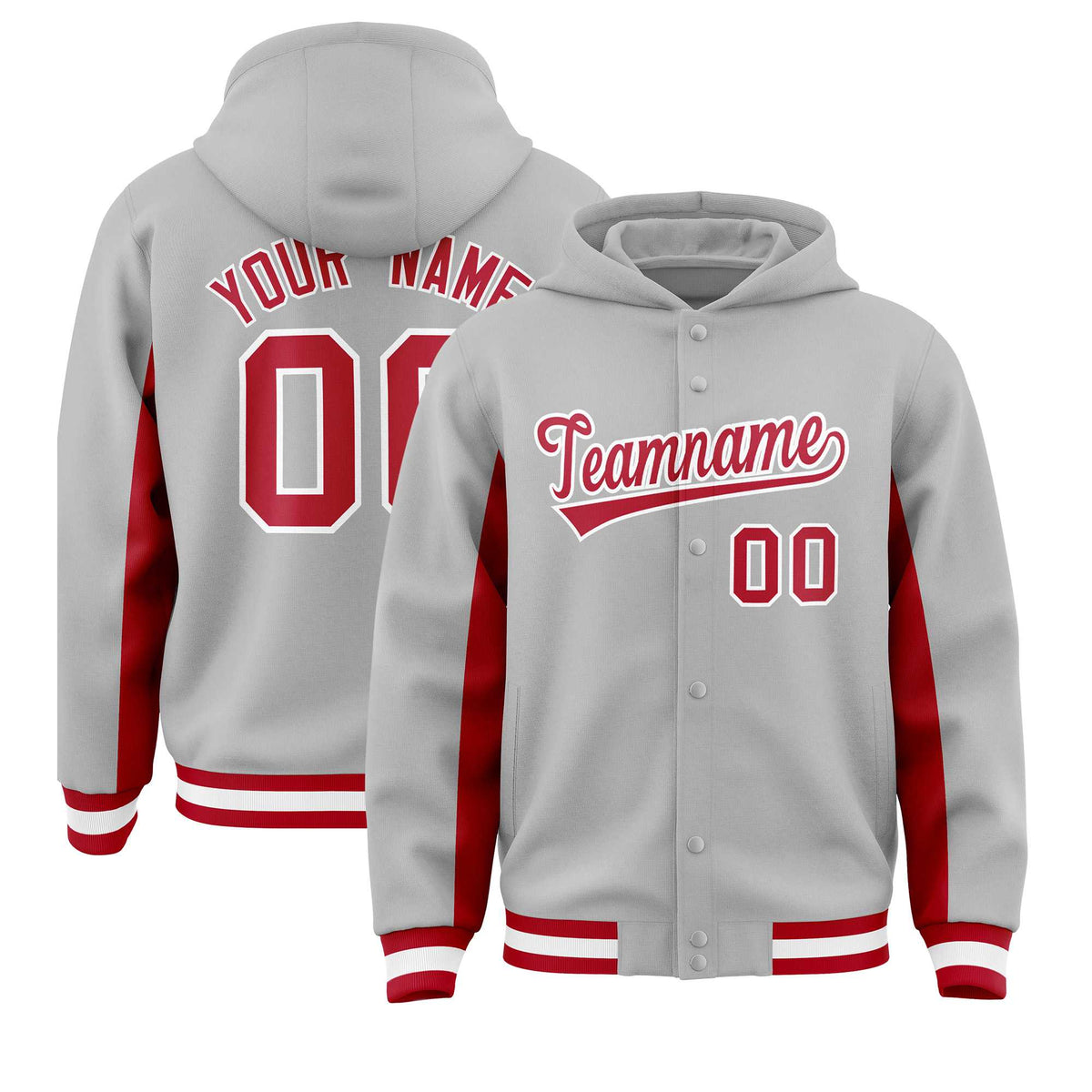 Custom Gray Red Color Block Varsity Full-Snap Letterman Jacket Hoodie| KXKSHOP