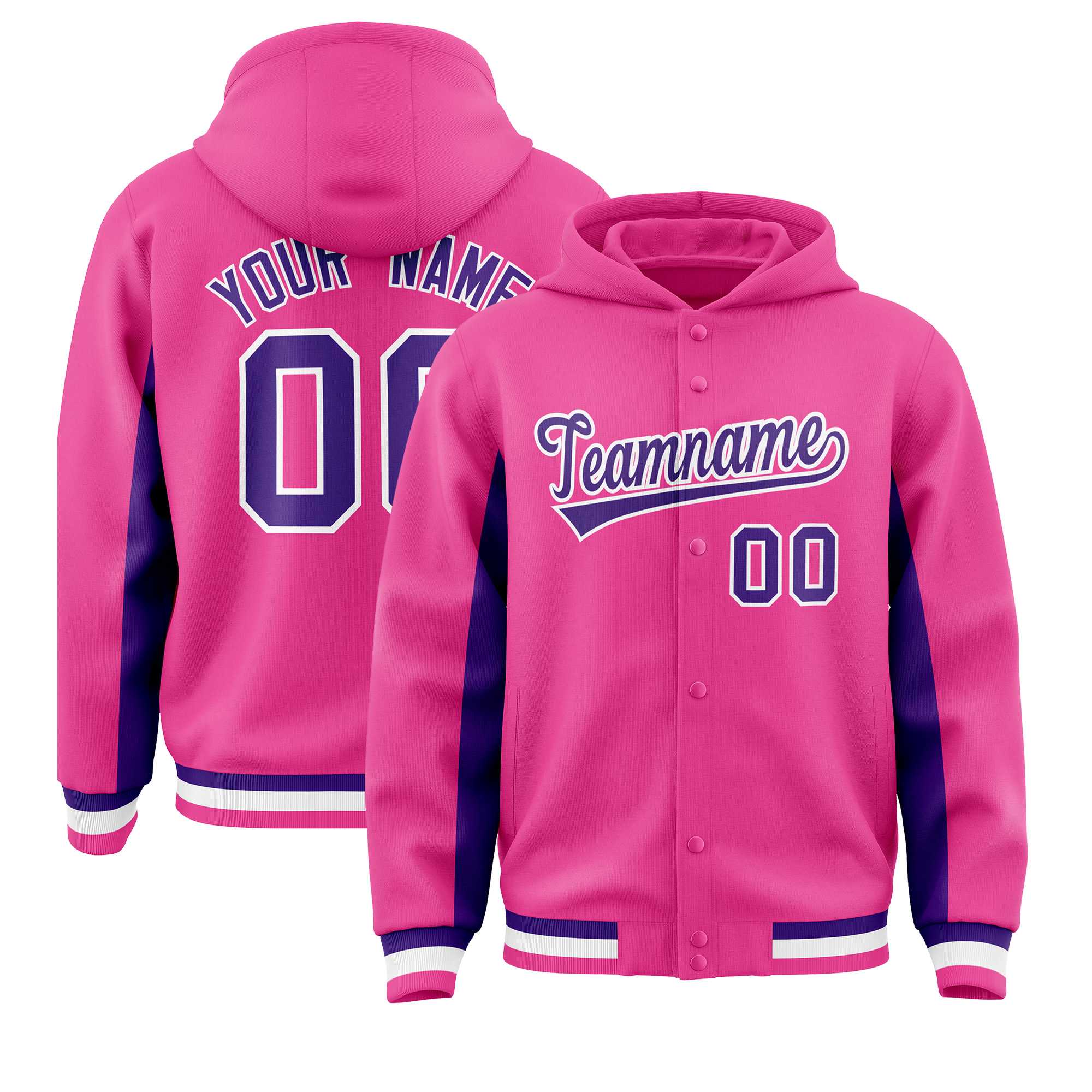 Custom Pink Purple Color Block Varsity Full-Snap Letterman Jacket Hoodie| KXKSHOP
