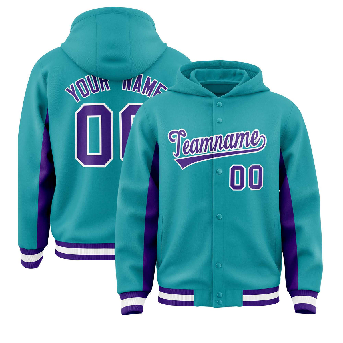 Custom Aqua Purple Color Block Varsity Full-Snap Letterman Jacket Hoodie| KXKSHOP