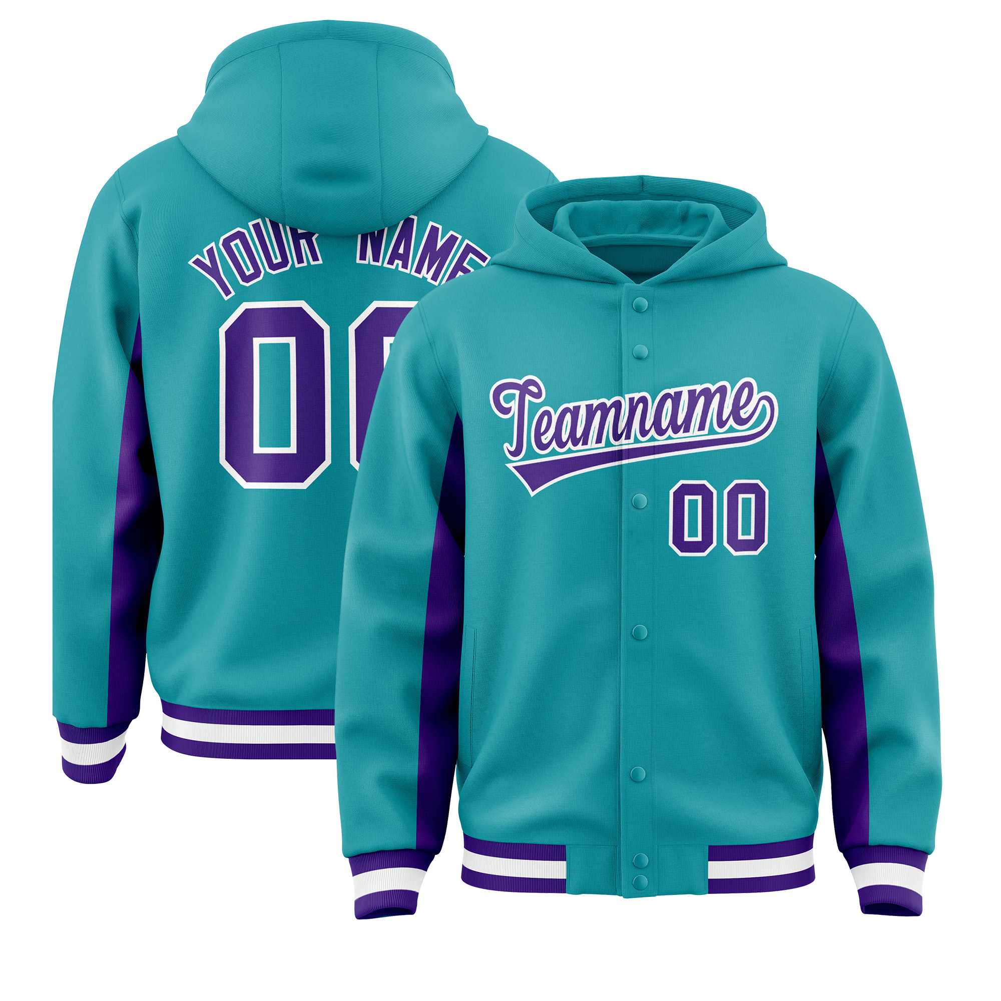 Custom Aqua Purple Color Block Varsity Full-Snap Letterman Jacket Hoodie| KXKSHOP