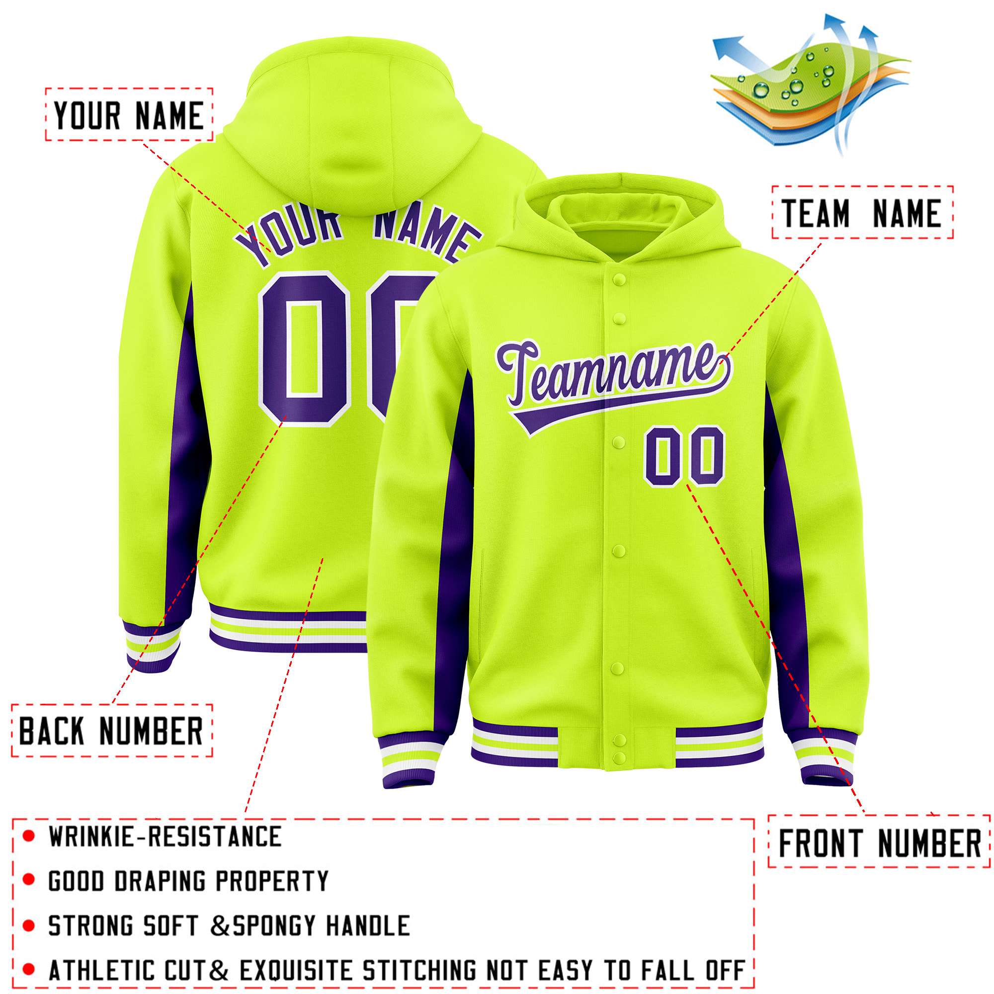 Custom Neon Green Purple Color Block Varsity Full-Snap Letterman Jacket Hoodie| KXKSHOP