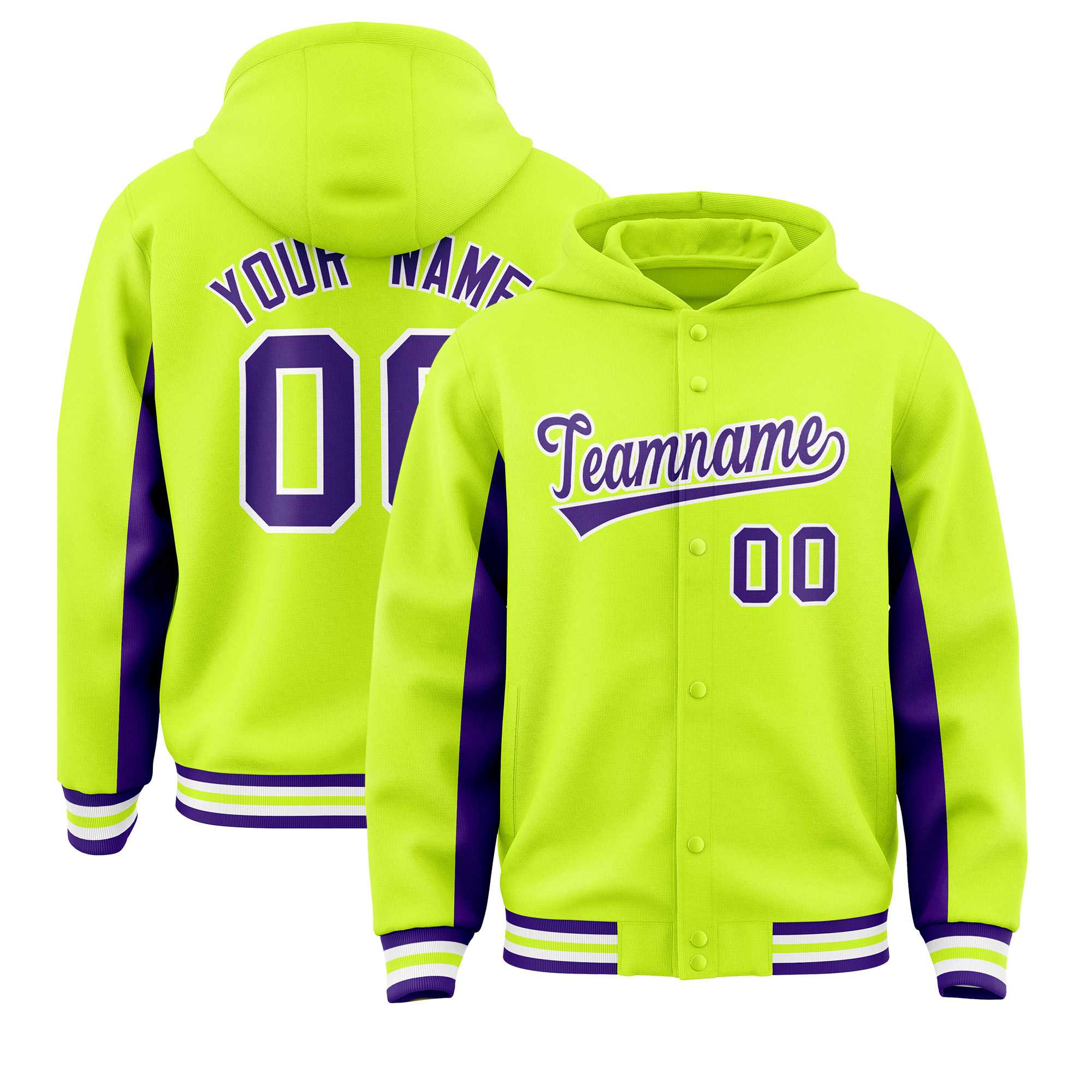 Custom Neon Green Purple Color Block Varsity Full-Snap Letterman Jacket Hoodie| KXKSHOP