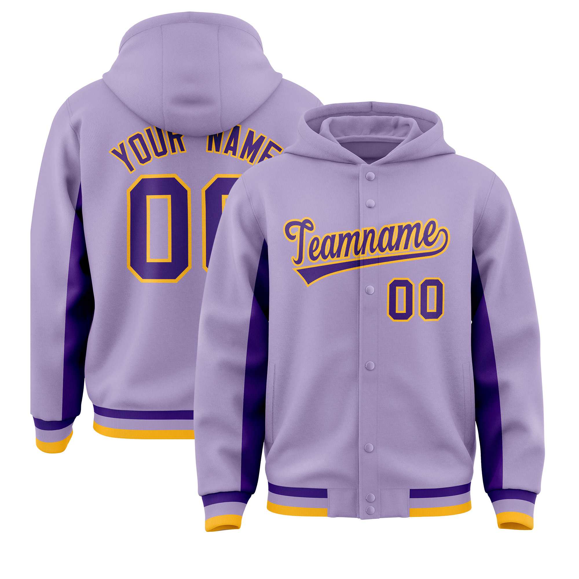 Custom Light Purple Purple Color Block Varsity Full-Snap Letterman Jacket Hoodie| KXKSHOP
