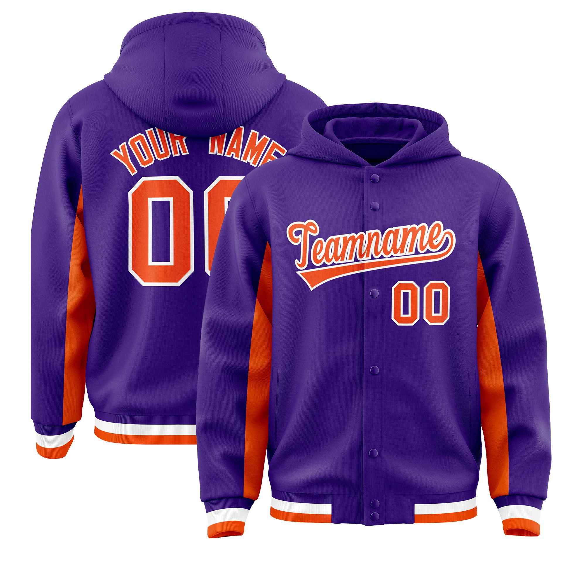 Custom Purple Orange Color Block Varsity Full-Snap Letterman Jacket Hoodie| KXKSHOP