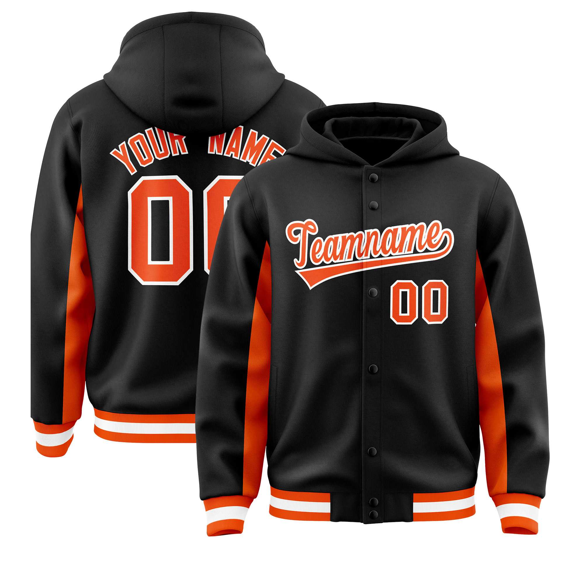 Custom Black Orange Color Block Varsity Full-Snap Letterman Jacket Hoodie| KXKSHOP
