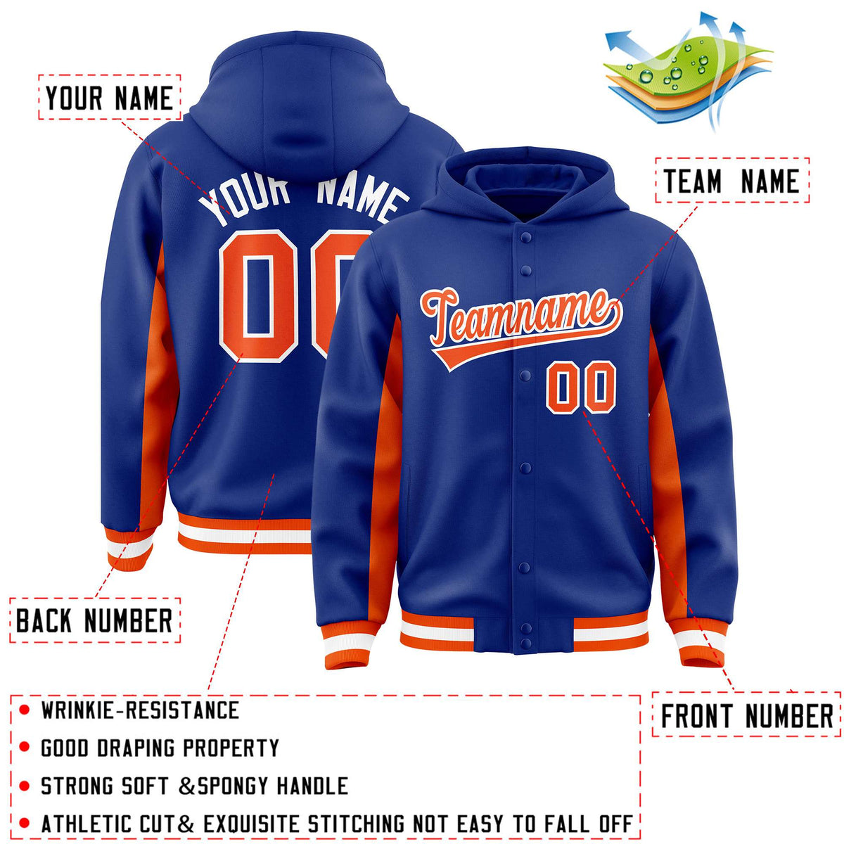 Custom Royal Orange Color Block Varsity Full-Snap Letterman Jacket Hoodie| KXKSHOP