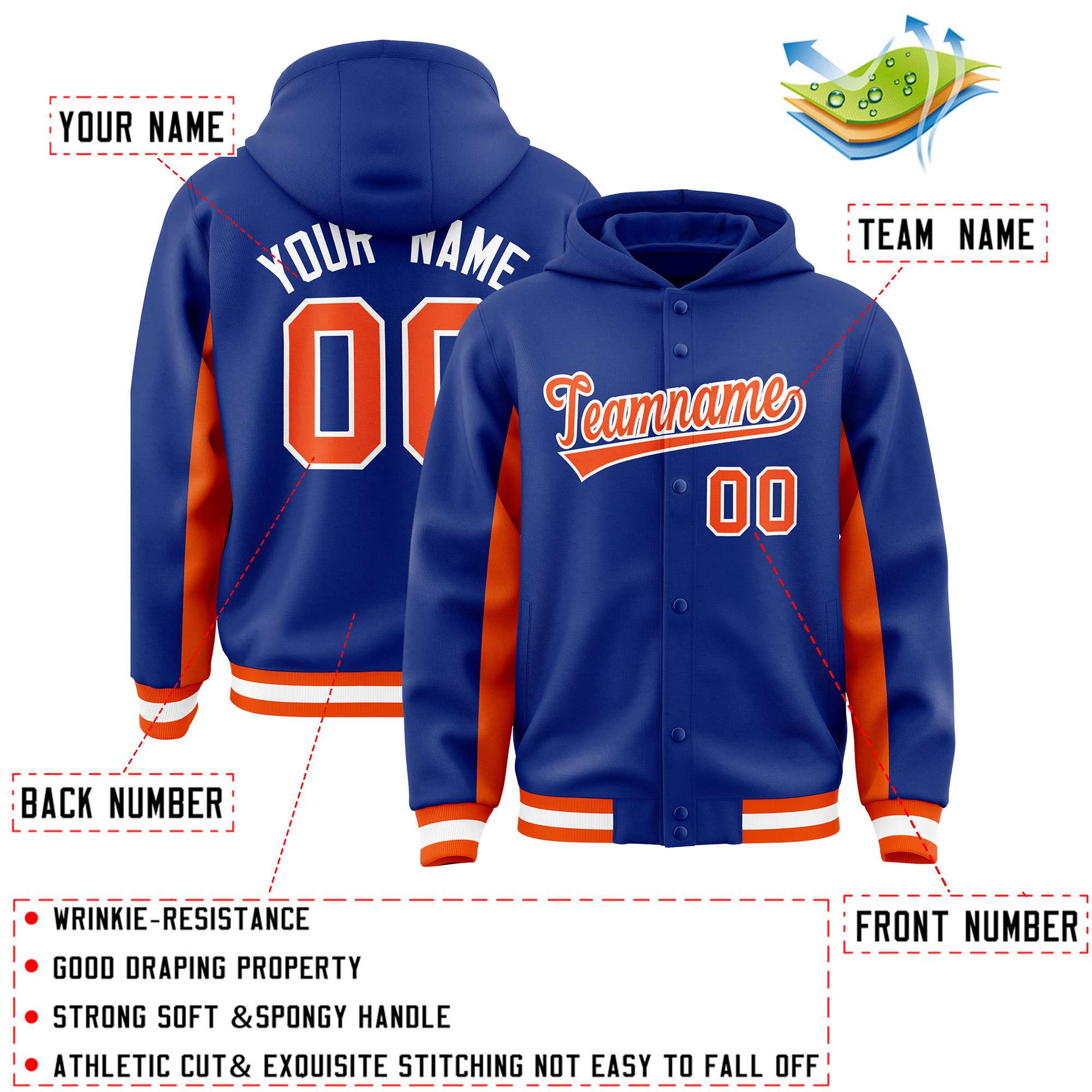 Custom Royal Orange Color Block Varsity Full-Snap Letterman Jacket Hoodie| KXKSHOP
