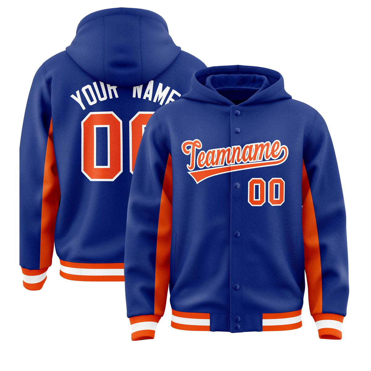 Custom Royal Orange Color Block Varsity Full-Snap Letterman Jacket Hoodie| KXKSHOP