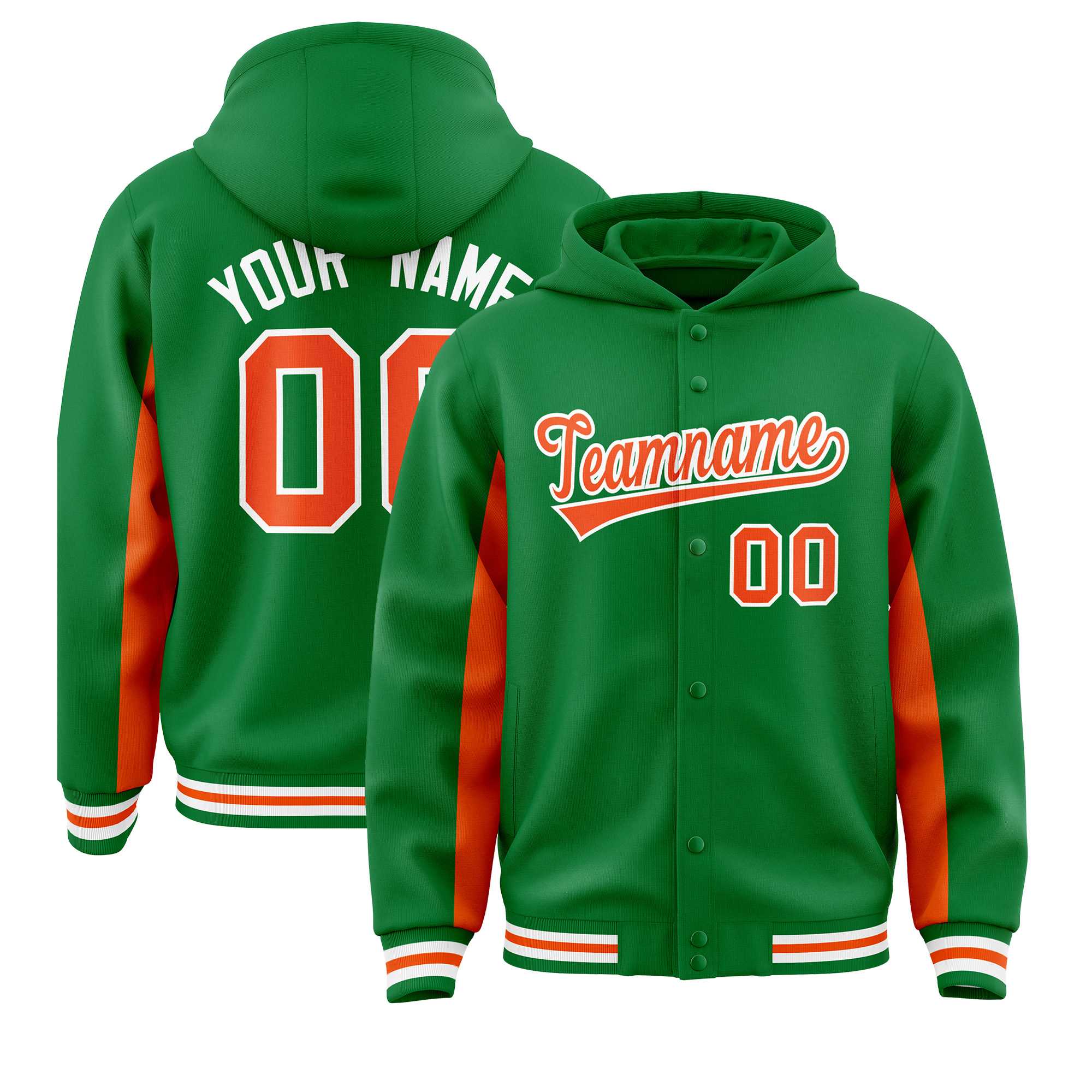 Custom Kelly Green Orange Color Block Varsity Full-Snap Letterman Jacket Hoodie| KXKSHOP