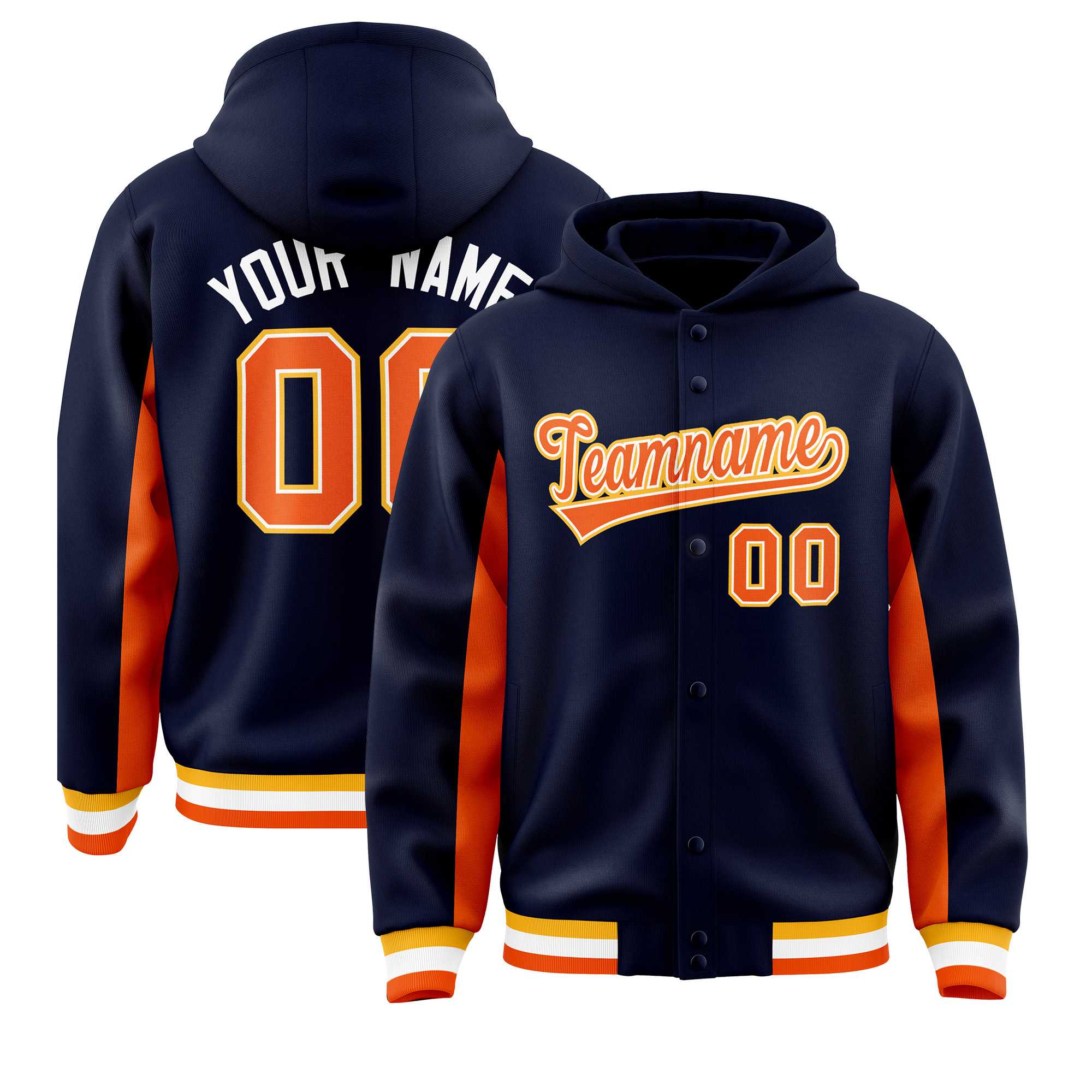 Custom Navy Orange Color Block Varsity Full-Snap Letterman Jacket Hoodie| KXKSHOP