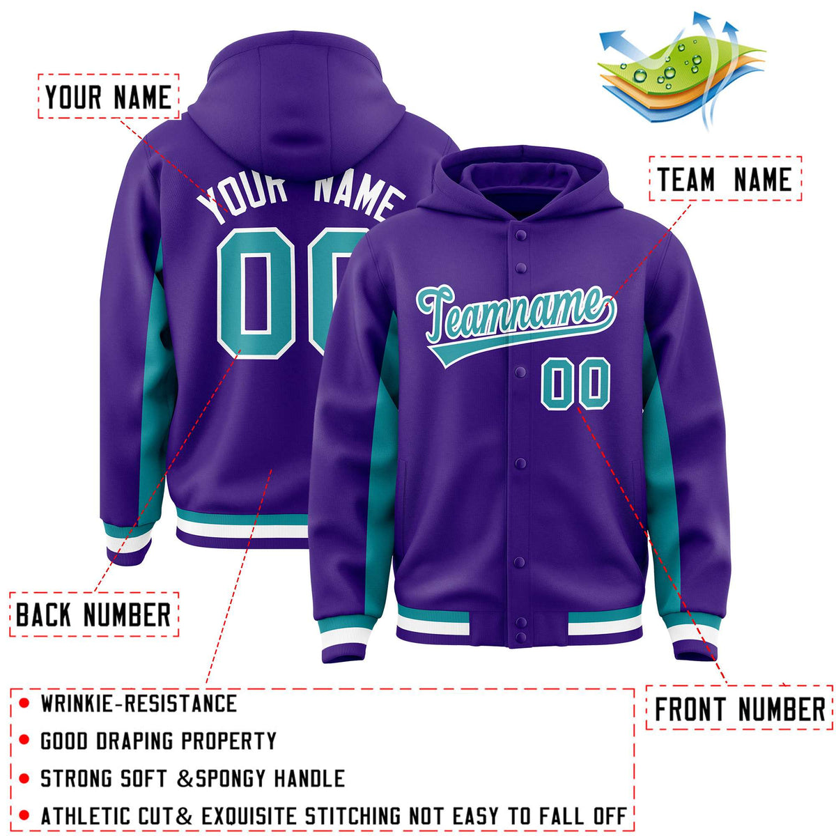 Custom Purple Aqua Color Block Varsity Full-Snap Letterman Jacket Hoodie| KXKSHOP