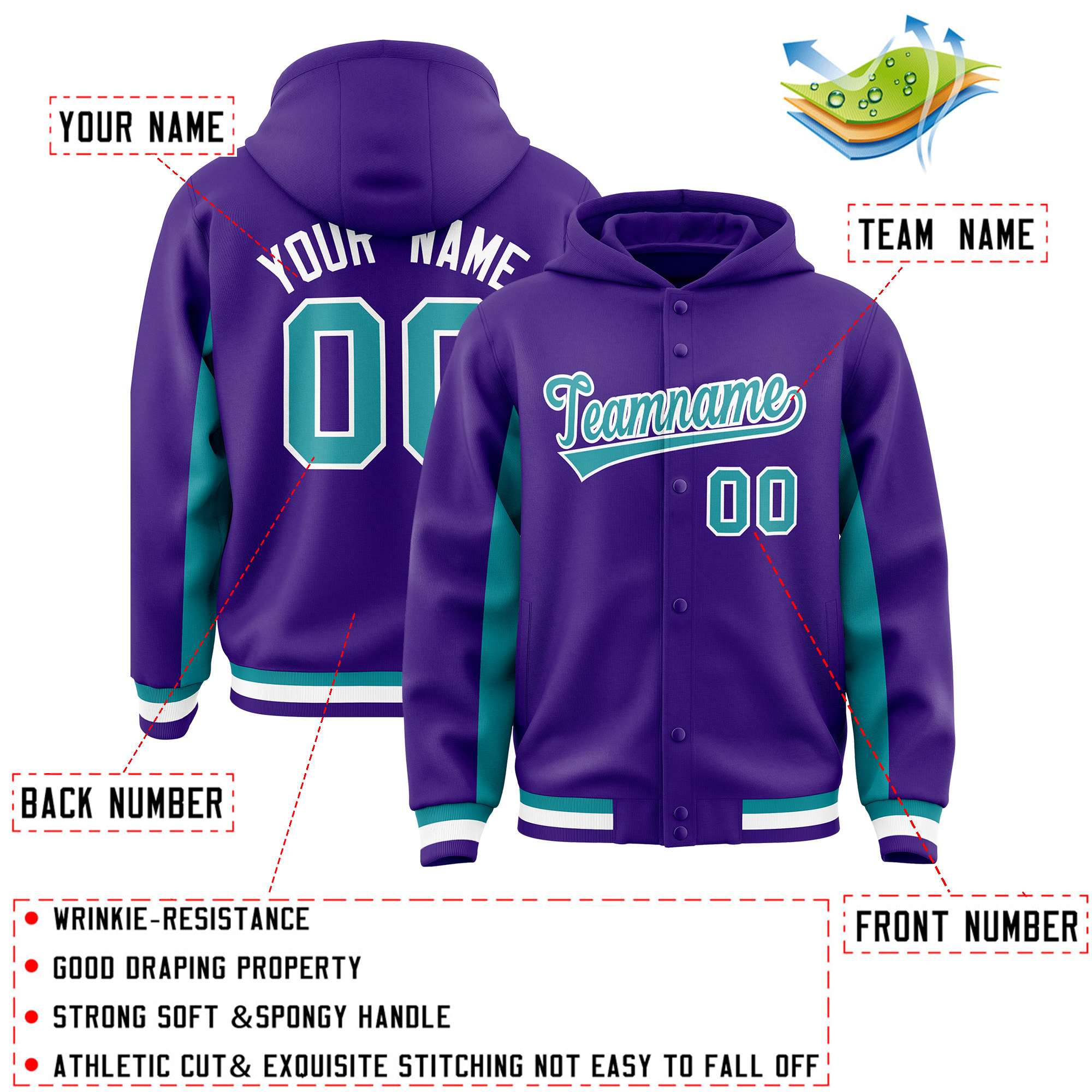 Custom Purple Aqua Color Block Varsity Full-Snap Letterman Jacket Hoodie| KXKSHOP