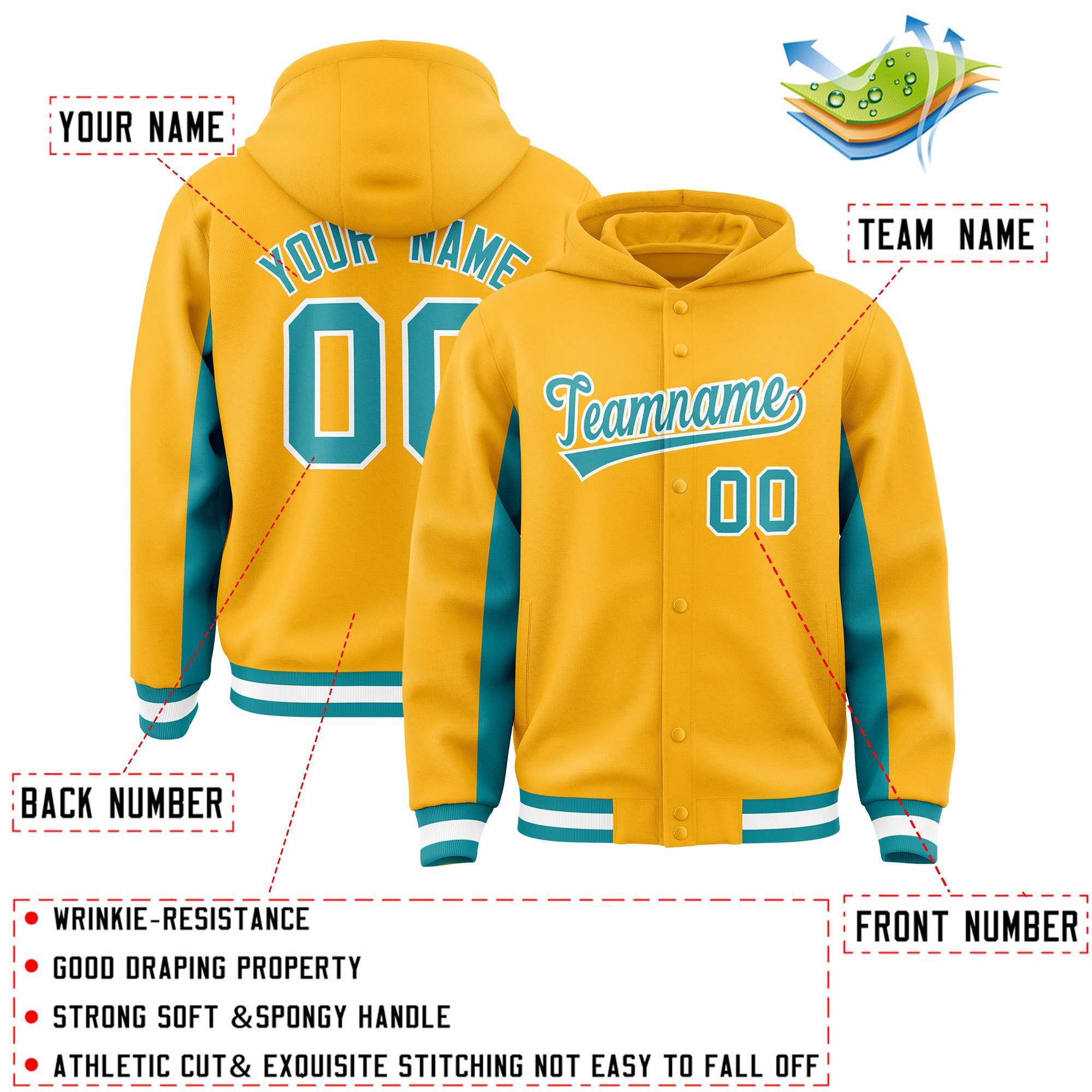 Custom Gold Aqua Color Block Varsity Full-Snap Letterman Jacket Hoodie| KXKSHOP