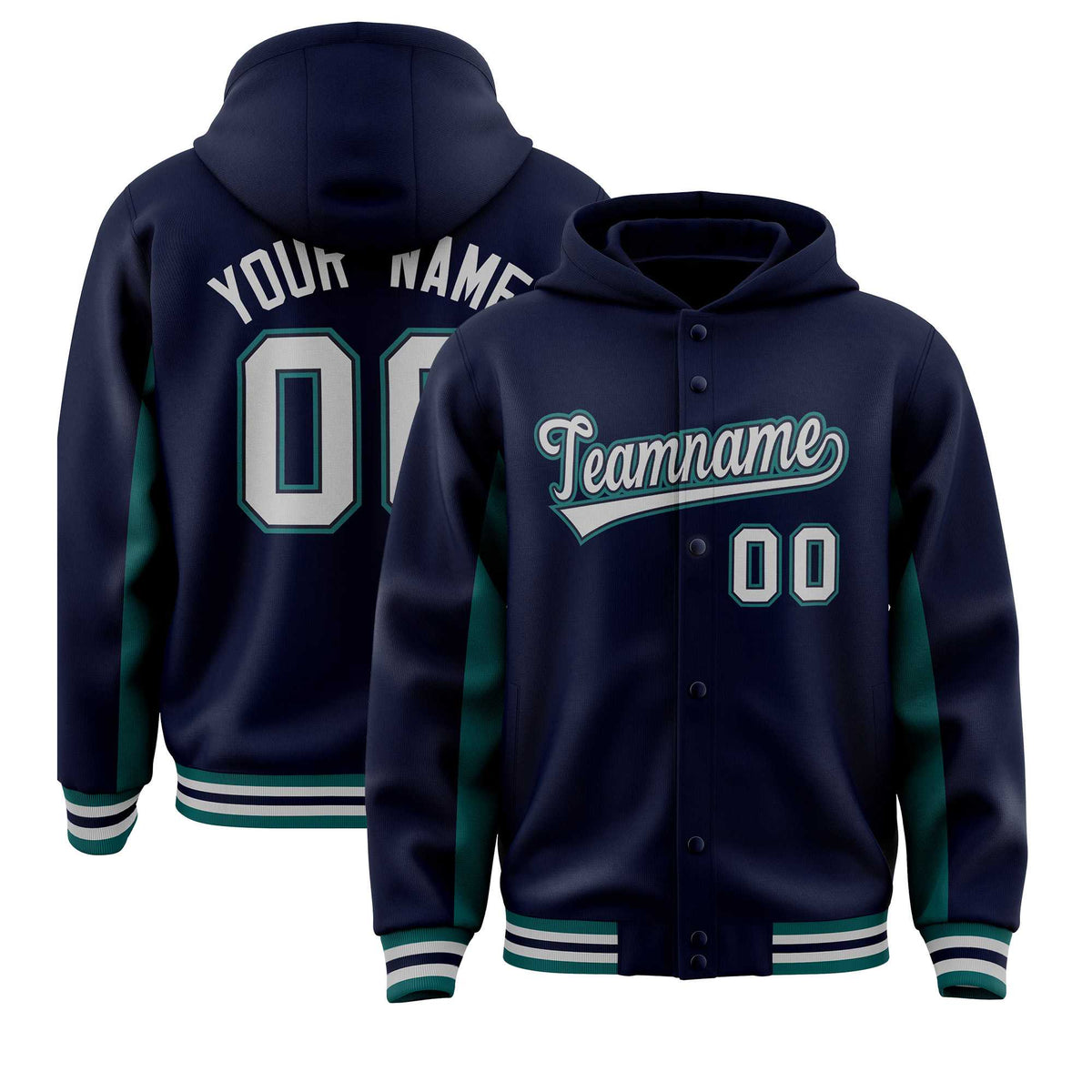 Custom Navy Aqua Color Block Varsity Full-Snap Letterman Jacket Hoodie| KXKSHOP