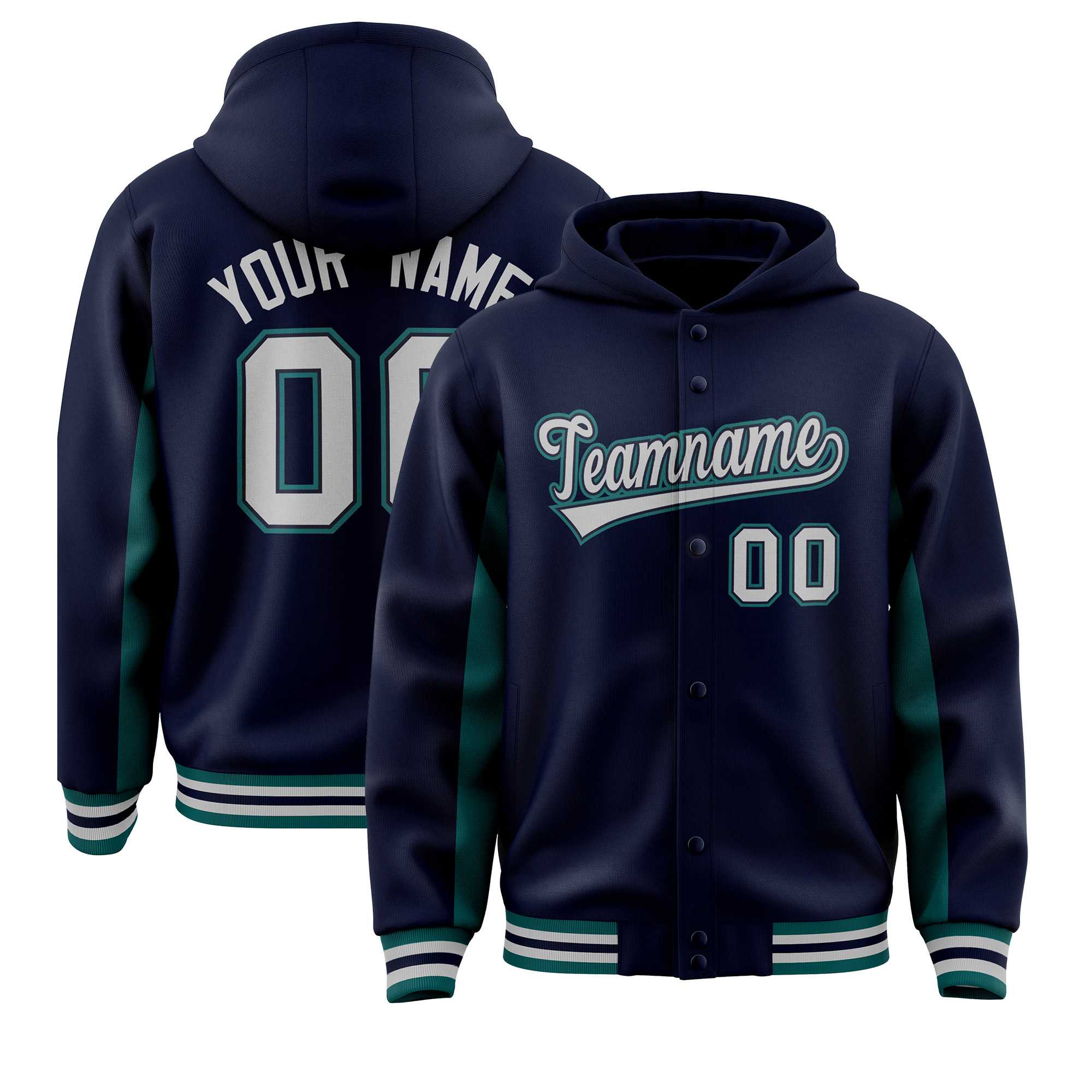 Custom Navy Aqua Color Block Varsity Full-Snap Letterman Jacket Hoodie| KXKSHOP