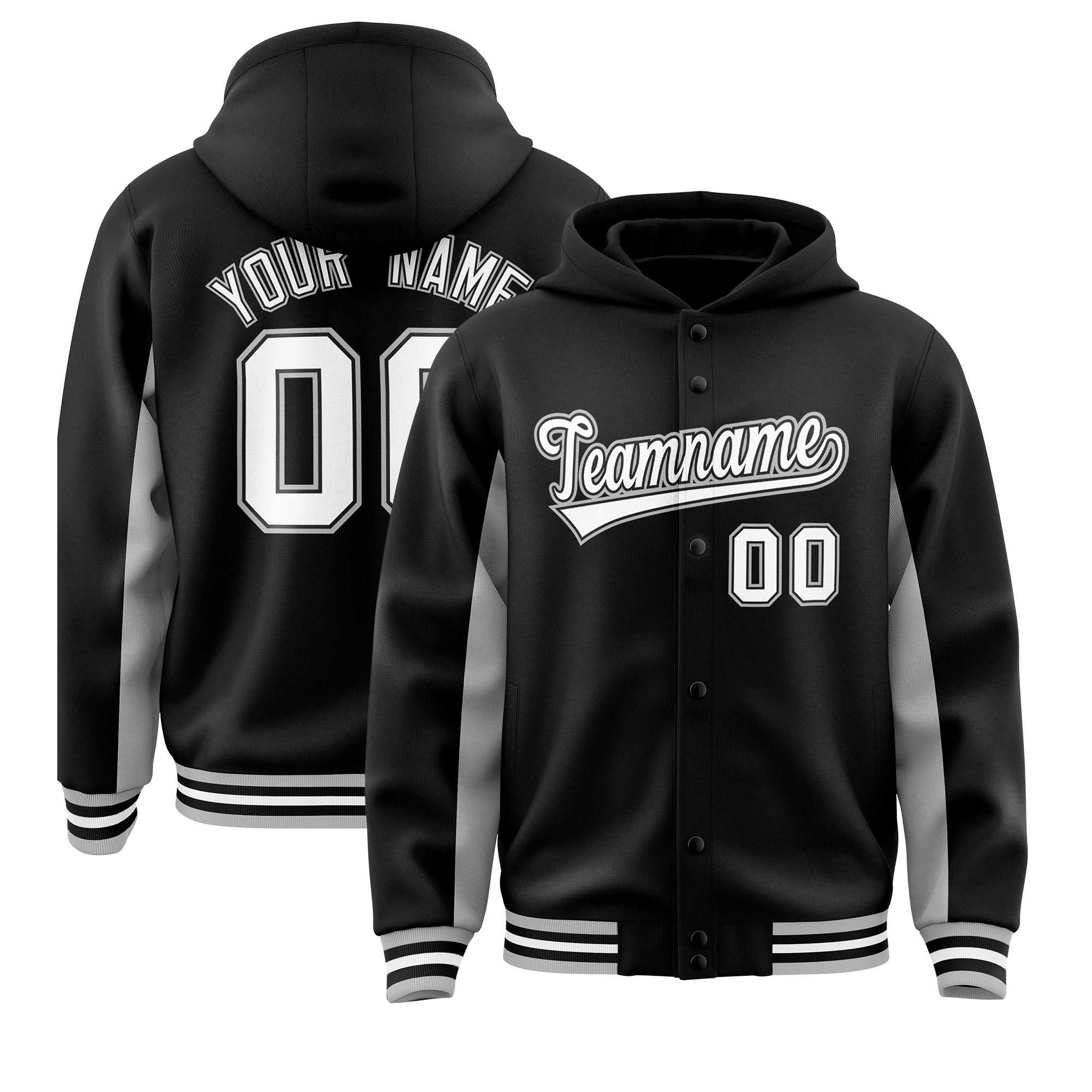 Custom Black Gray Color Block Varsity Full-Snap Letterman Jacket Hoodie| KXKSHOP