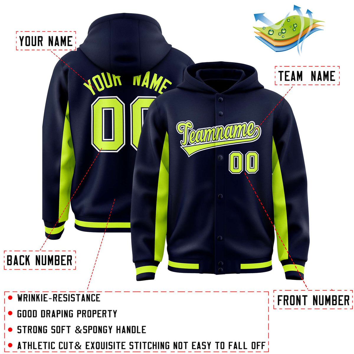 Custom Navy Neon Green Color Block Varsity Full-Snap Letterman Jacket Hoodie| KXKSHOP