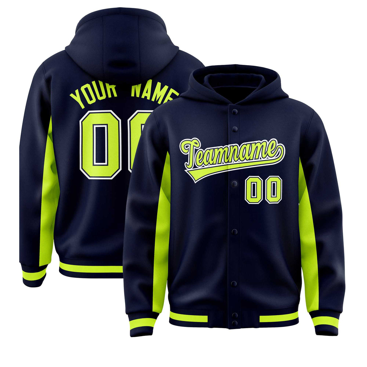 Custom Navy Neon Green Color Block Varsity Full-Snap Letterman Jacket Hoodie| KXKSHOP