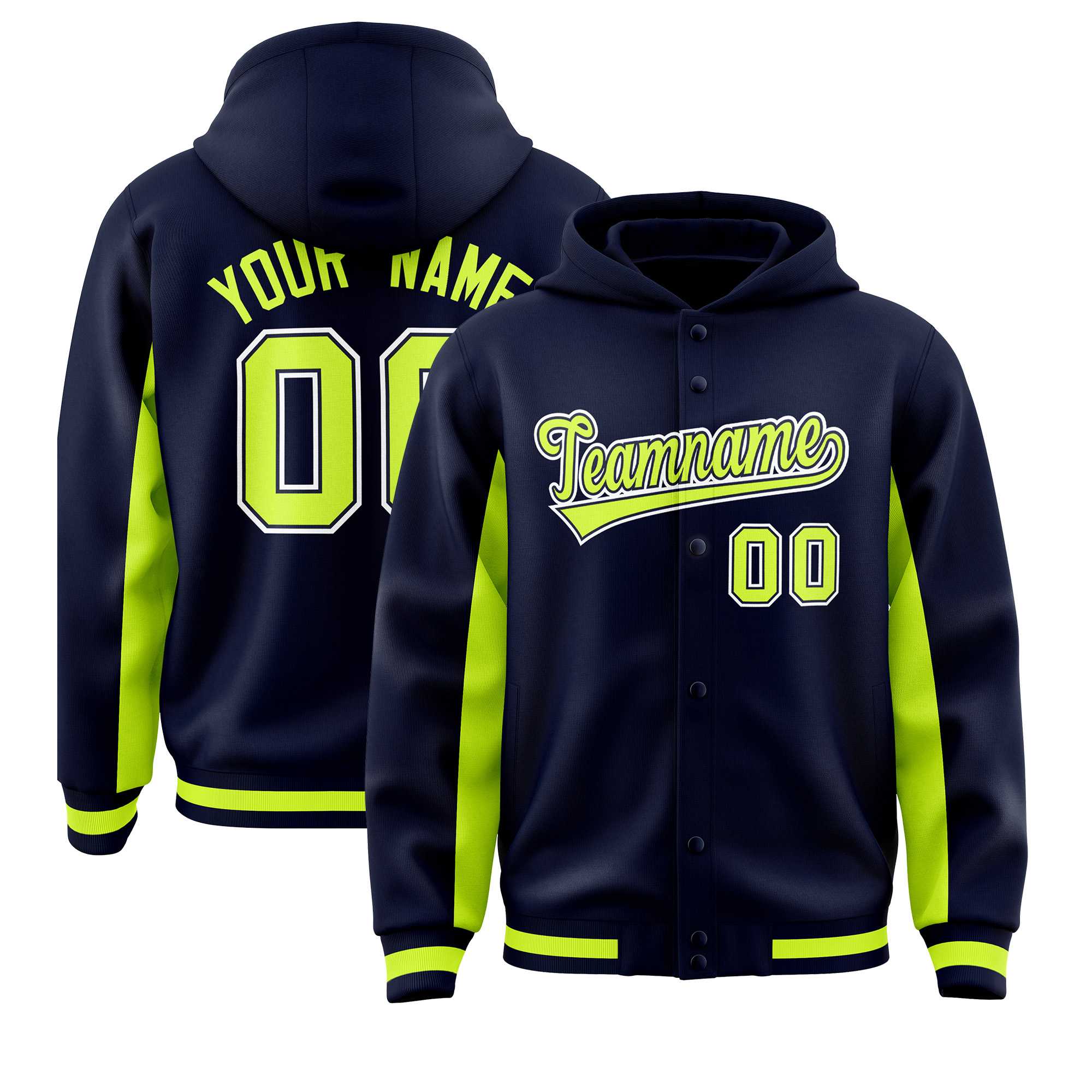 Custom Navy Neon Green Color Block Varsity Full-Snap Letterman Jacket Hoodie| KXKSHOP