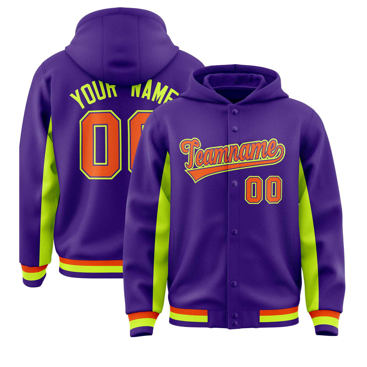 Custom Purple Neon Green Color Block Varsity Full-Snap Letterman Jacket Hoodie| KXKSHOP