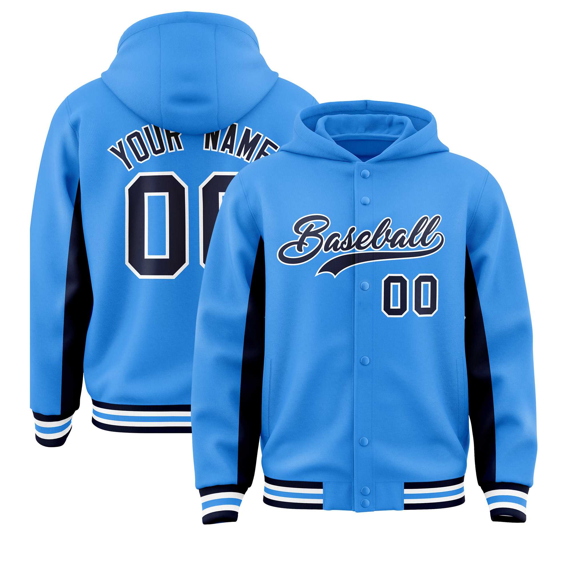 Custom Powder Blue Navy Color Block Varsity Full-Snap Letterman Jacket Hoodie| KXKSHOP