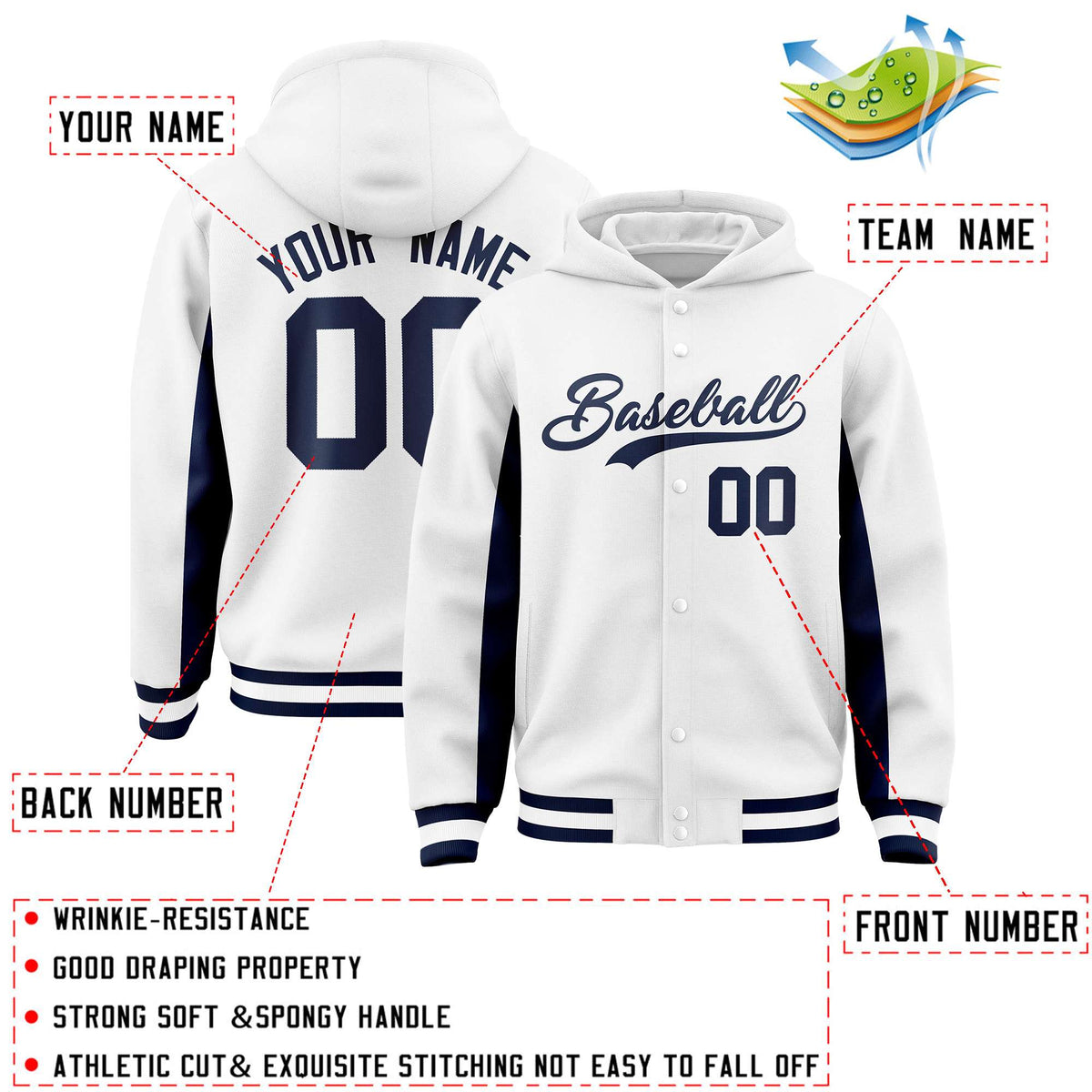 Custom White Navy Color Block Varsity Full-Snap Letterman Jacket Hoodie| KXKSHOP