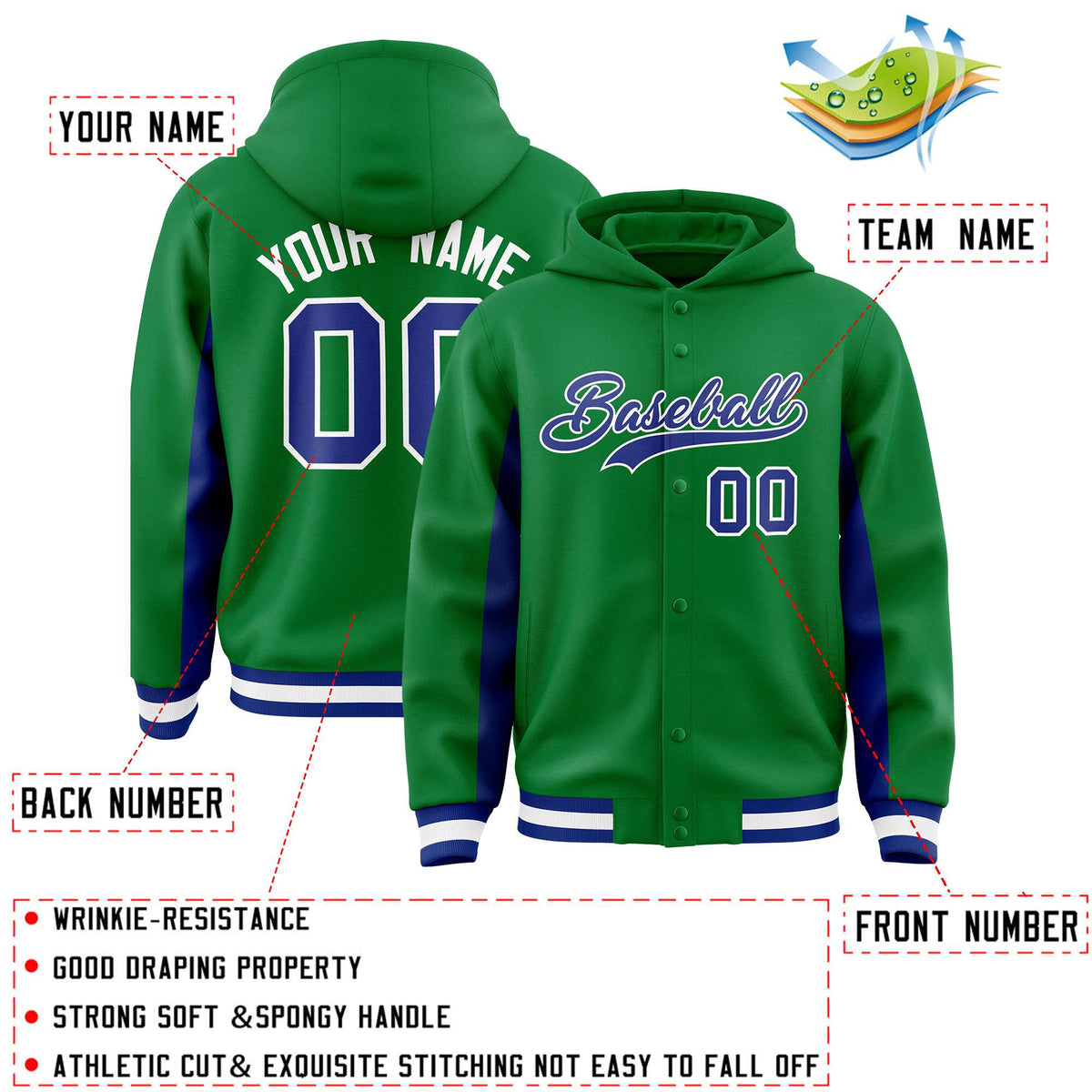 Custom Kelly Green Royal Color Block Varsity Full-Snap Letterman Jacket Hoodie| KXKSHOP