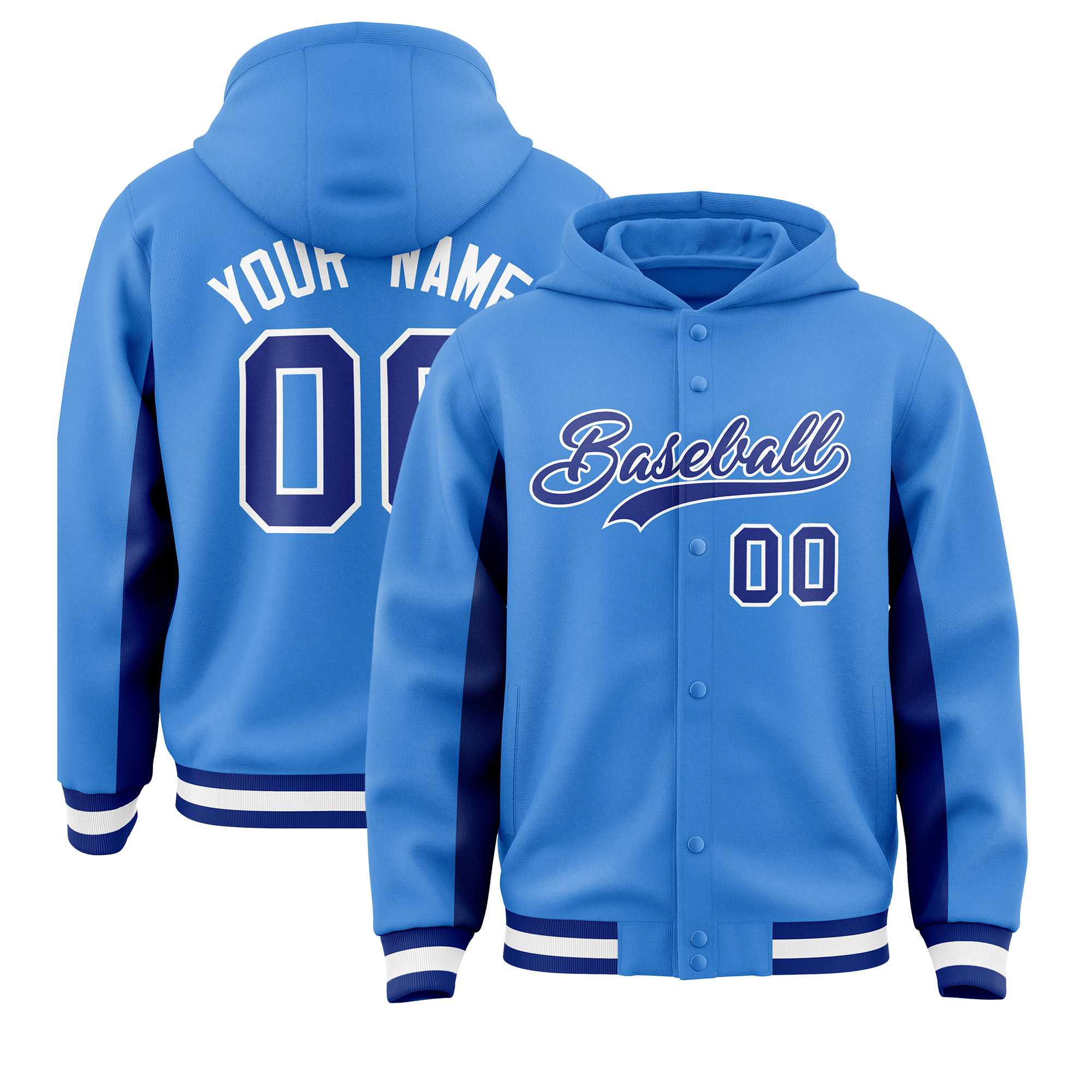 Custom Powder Blue Royal Color Block Varsity Full-Snap Letterman Jacket Hoodie| KXKSHOP
