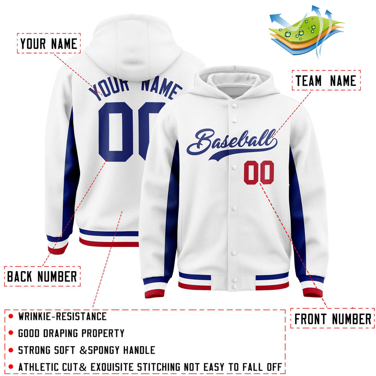 Custom White Royal Color Block Varsity Full-Snap Letterman Jacket Hoodie| KXKSHOP