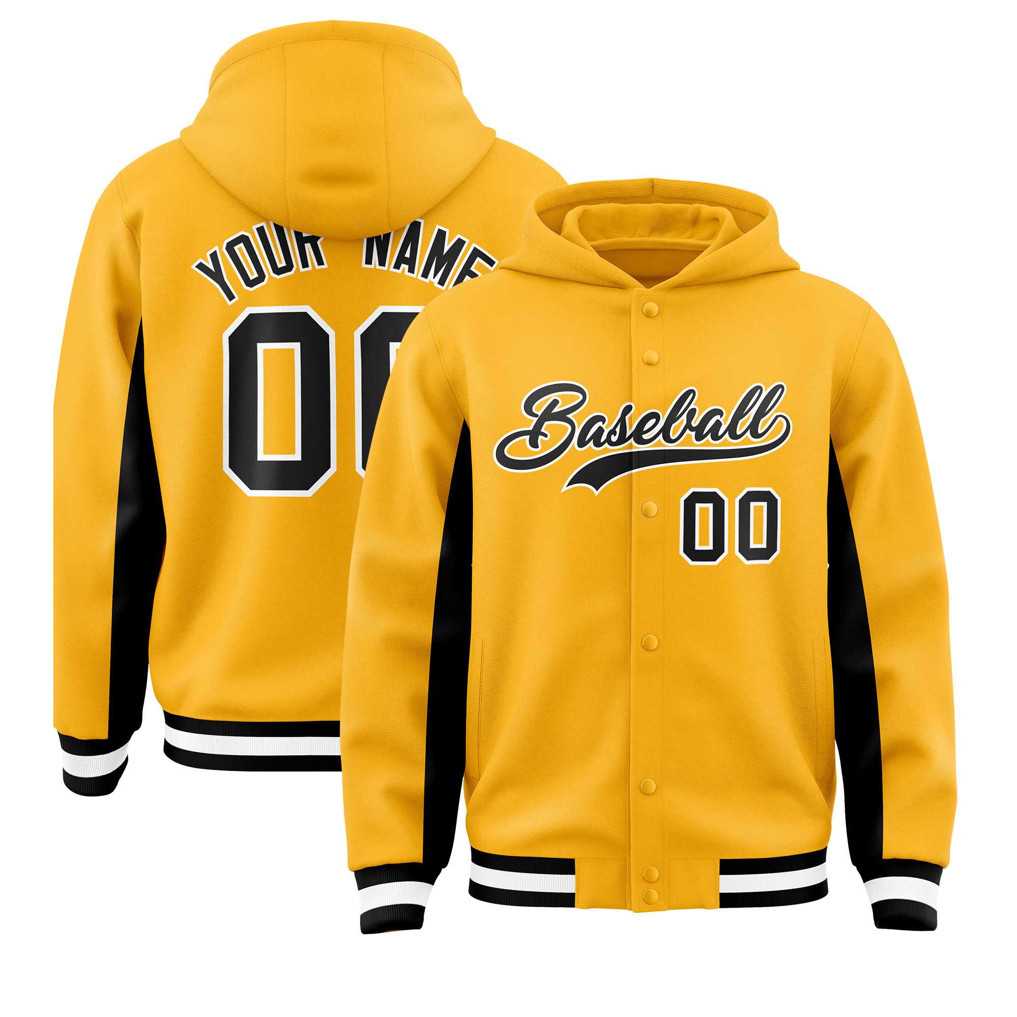 Custom Gold Black Color Block Varsity Full-Snap Letterman Jacket Hoodie| KXKSHOP