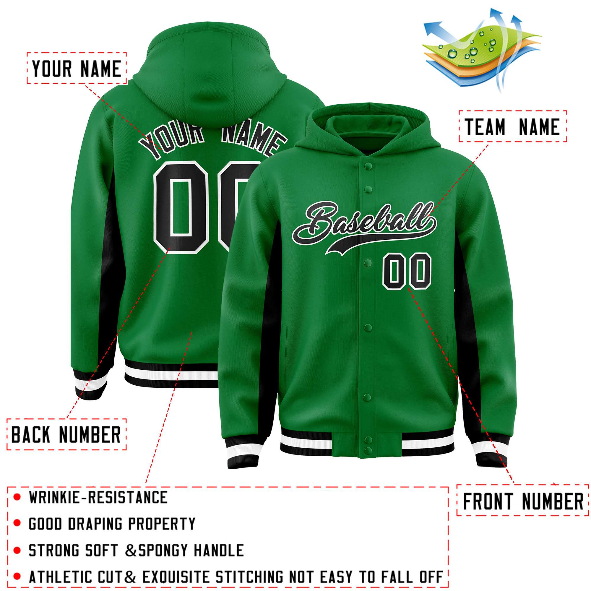Custom Kelly Green Black Color Block Varsity Full-Snap Letterman Jacket Hoodie| KXKSHOP