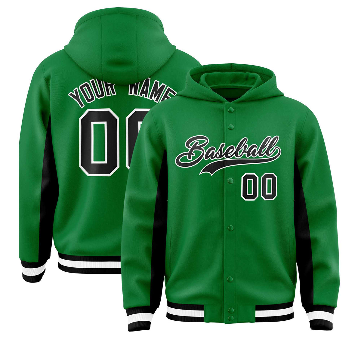 Custom Kelly Green Black Color Block Varsity Full-Snap Letterman Jacket Hoodie| KXKSHOP