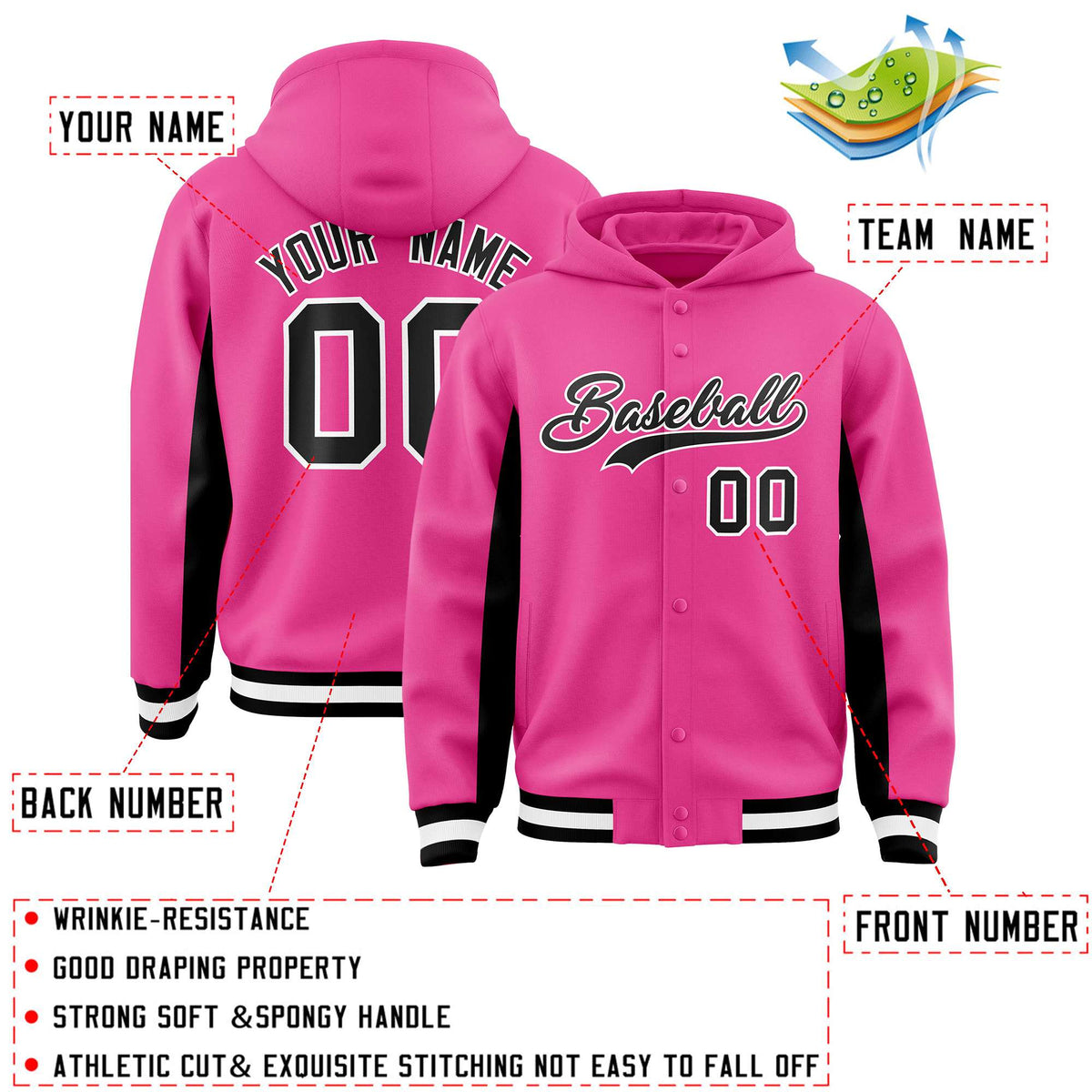 Custom Pink Black Color Block Varsity Full-Snap Letterman Jacket Hoodie| KXKSHOP