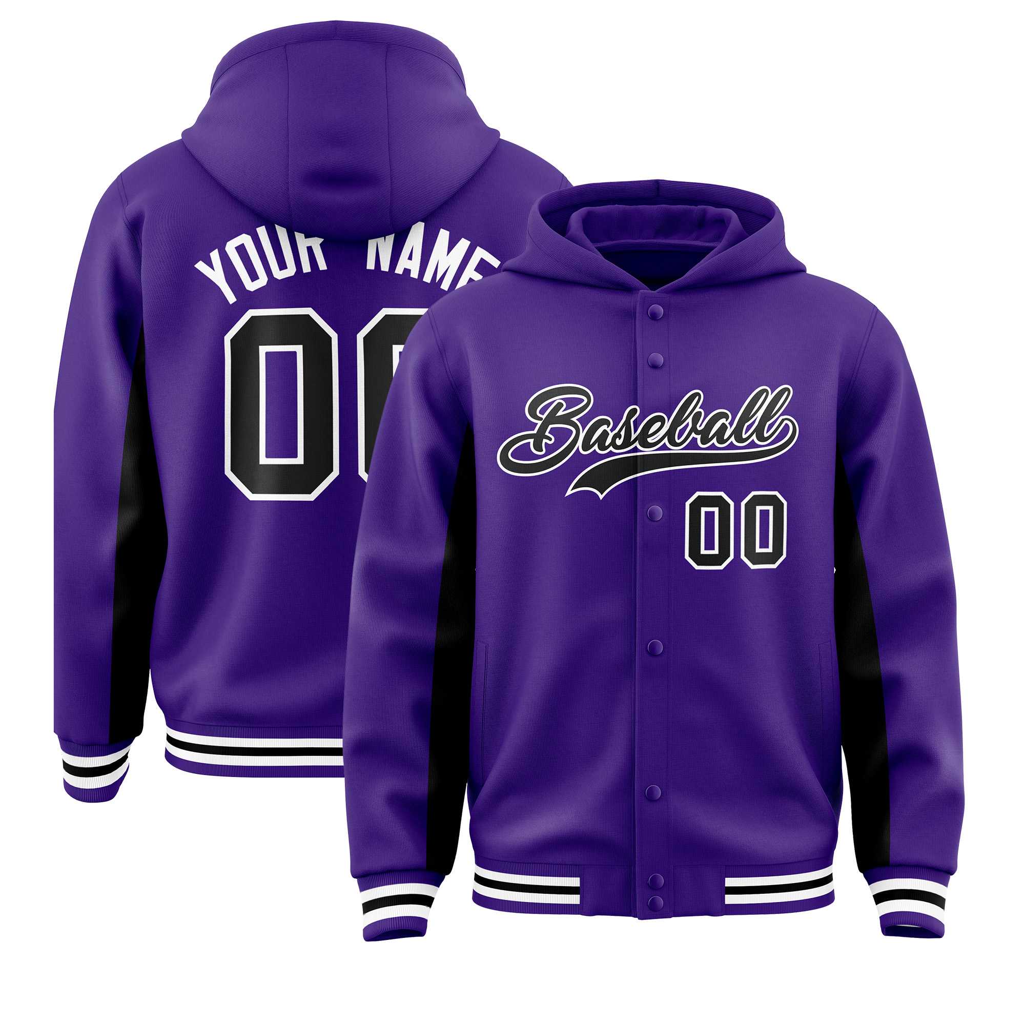 Custom Purple Black Color Block Varsity Full-Snap Letterman Jacket Hoodie| KXKSHOP